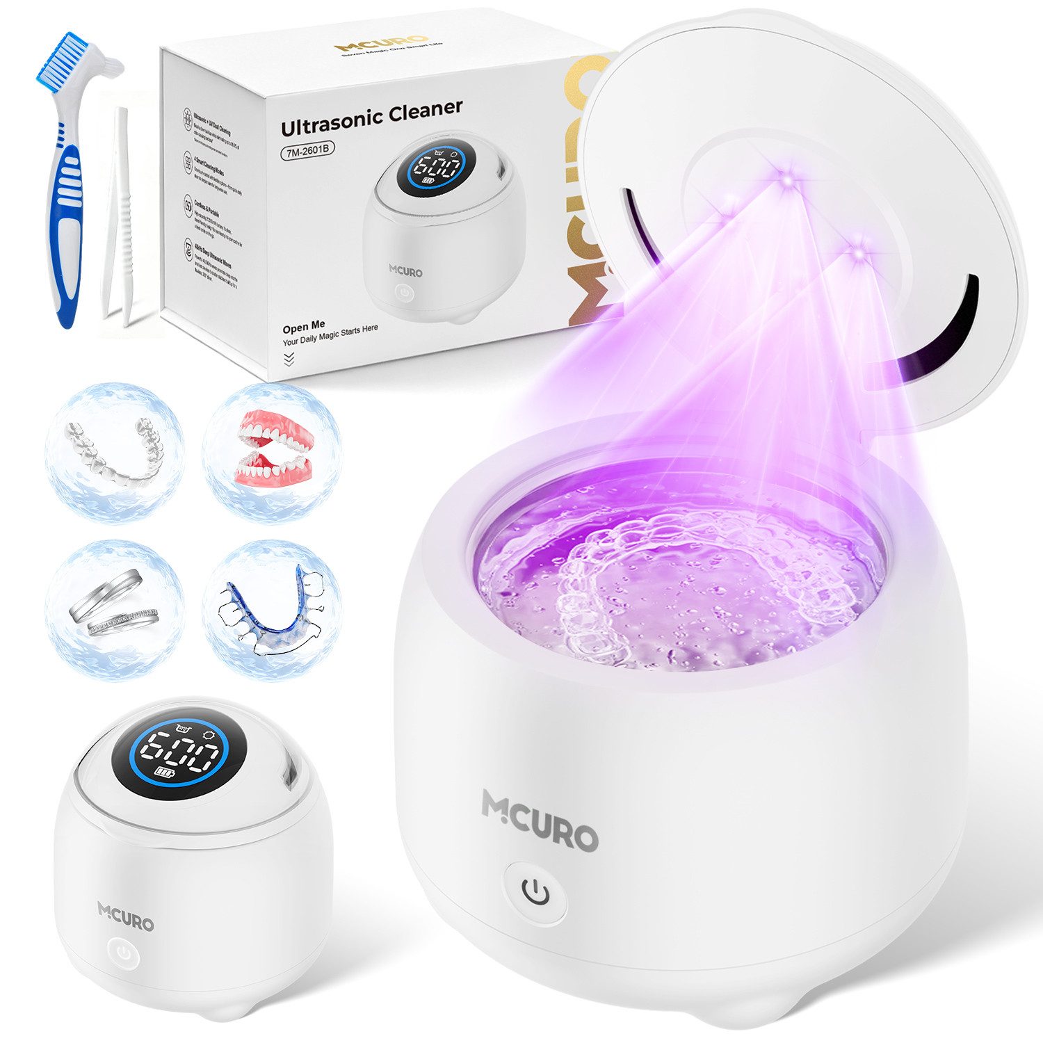 MCURO Ultraschallreiniger Ultraschallreinigungsgerät 48KHz 4 Modes für Retainer, Zahnersatz, 200ml Tank, 4 UV-C 254nm, für Zuhause, Büro & Reisen