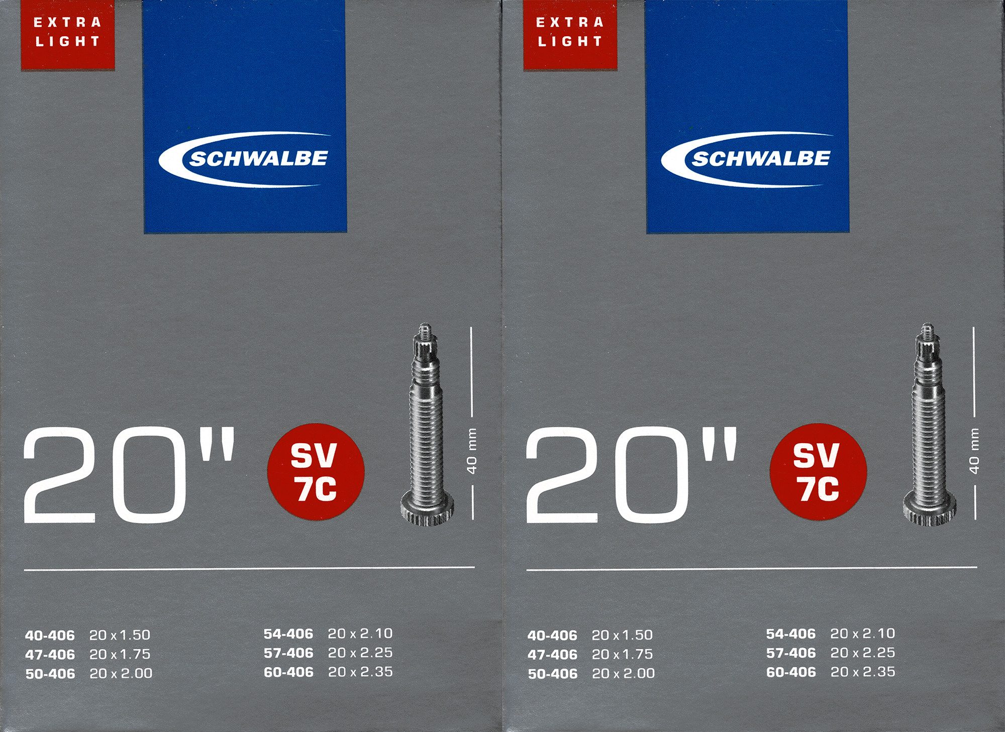 Fahrradschlauch 2x Schwalbe SV 7C 20 Zoll Extra Light Schlauch Sclaverand Ventil
