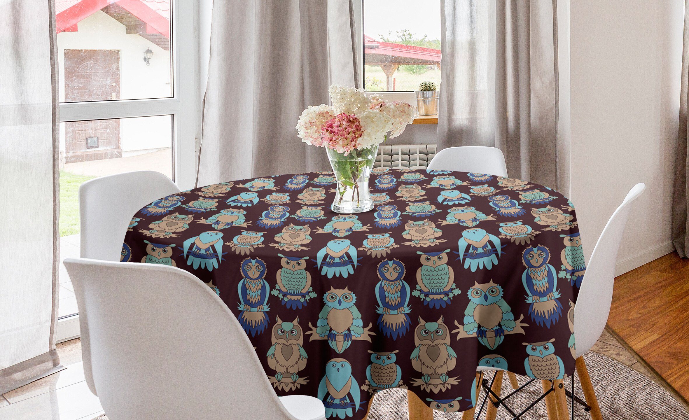 Abakuhaus Tischdecke Kreis Tischdecke Abdeckung für Esszimmer Küche Dekoration, Eulen Abstrakt Pastell Vögel