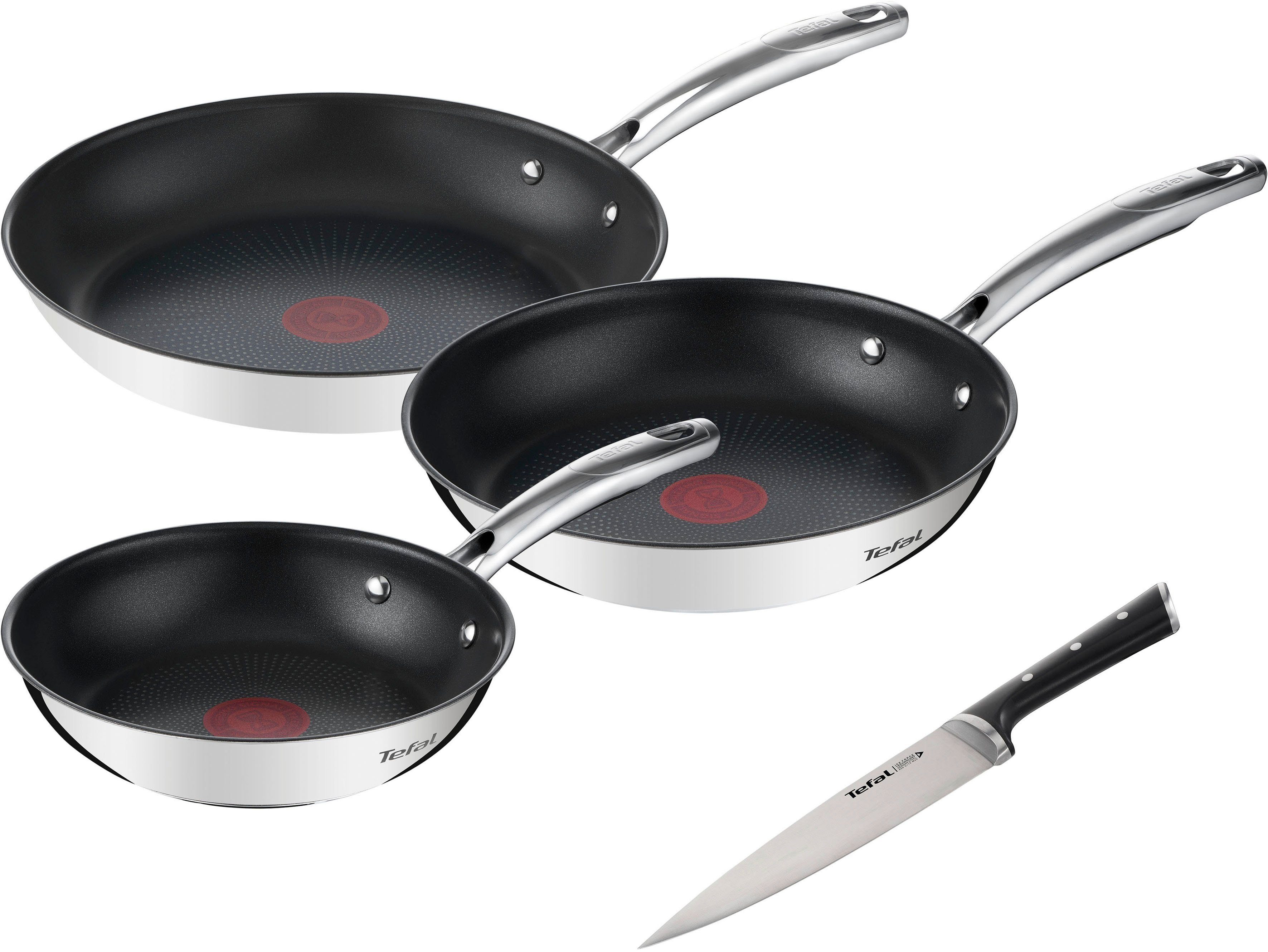 Tefal Pfannen-Set Tefal G732S3_K2320214 Duetto+Ø 20/24/28 cm, Ice Force, (Set), Edelstahl in Premium Qualität, Thermo-Signal, inkl. Kochmesser