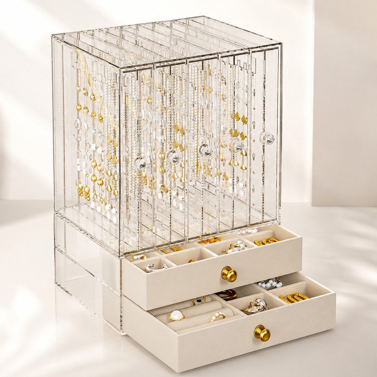 Fyrove Make-Up Organizer Transparenter Schmuckkasten groß, herausnehmbare Fächer für Damen, Set, Transparentes Material, Praktisches aufgeteiltes Innenlayout – Bild 2 von 5