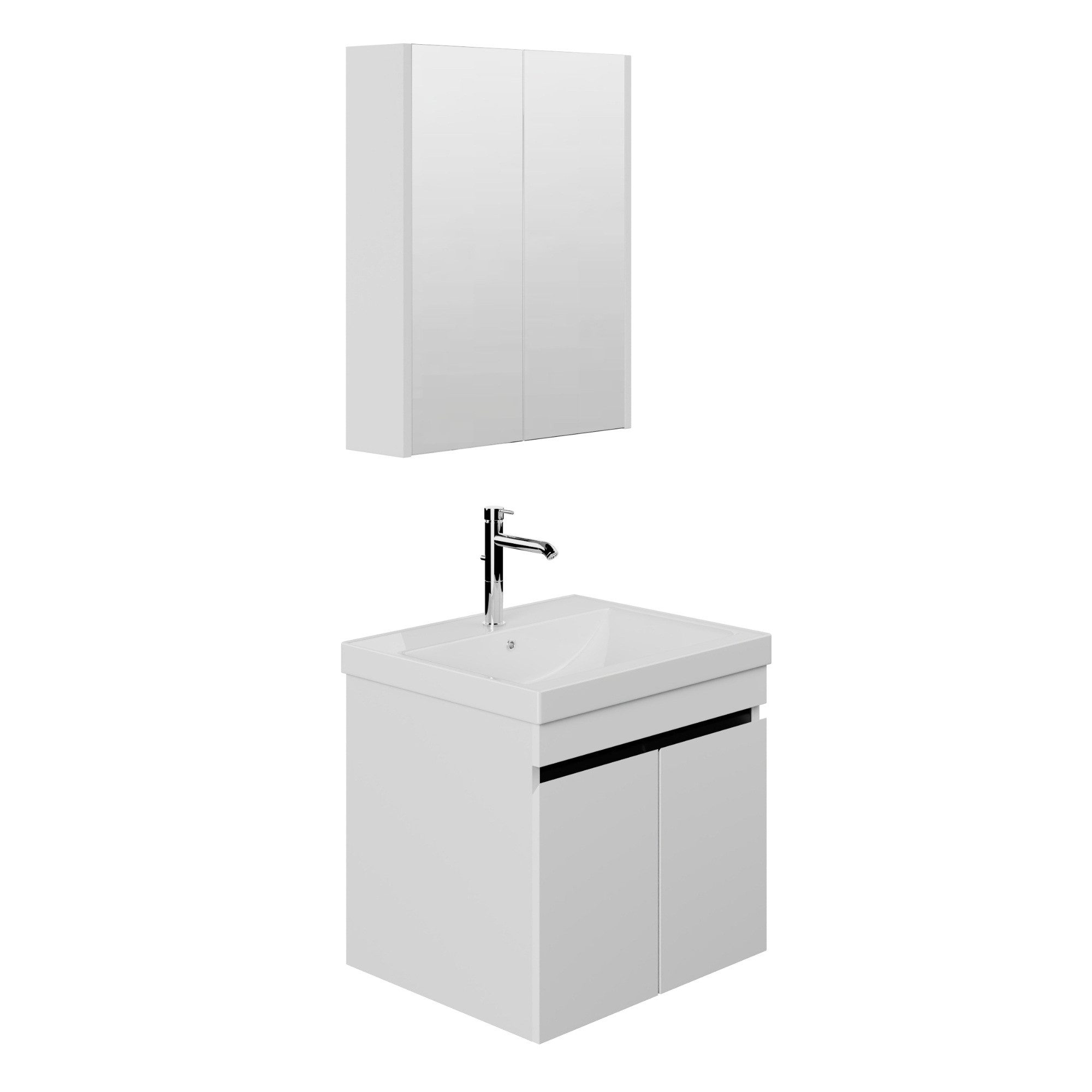 Karen Badmöbel-Set Badmöbel Set Venus, (Komplett-Set, Standartmäßig 3-Teilig (Unterschrank, Spiegelschrank, Waschbecken), Optionaler Hochschrank, 3-St., Unterschrank mit Türen, Spiegelschrank mit Türen & Regalen), Futuristisches Design, Highgloss-Beschichtung, Softclose, Griffleisten