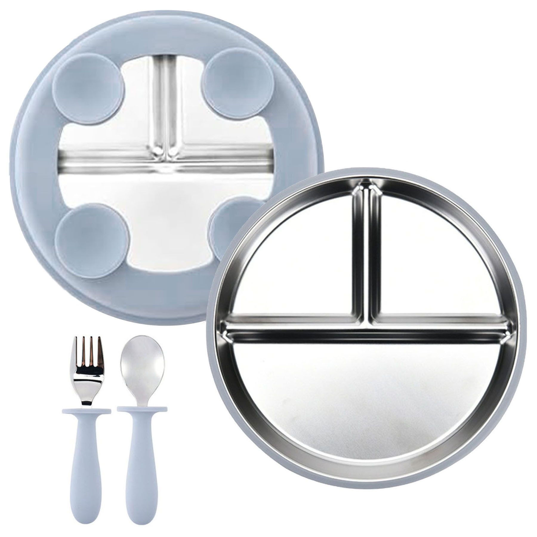 Mutig Kindergeschirr-Set 3 Stück Edelstahl Baby Teller mit Silikon Saugnapf mit Löffeln&Gabeln, 1 Personen, Spülmaschinenfest & BPA Frei mit Unterteilung,Für Kinder geeignet