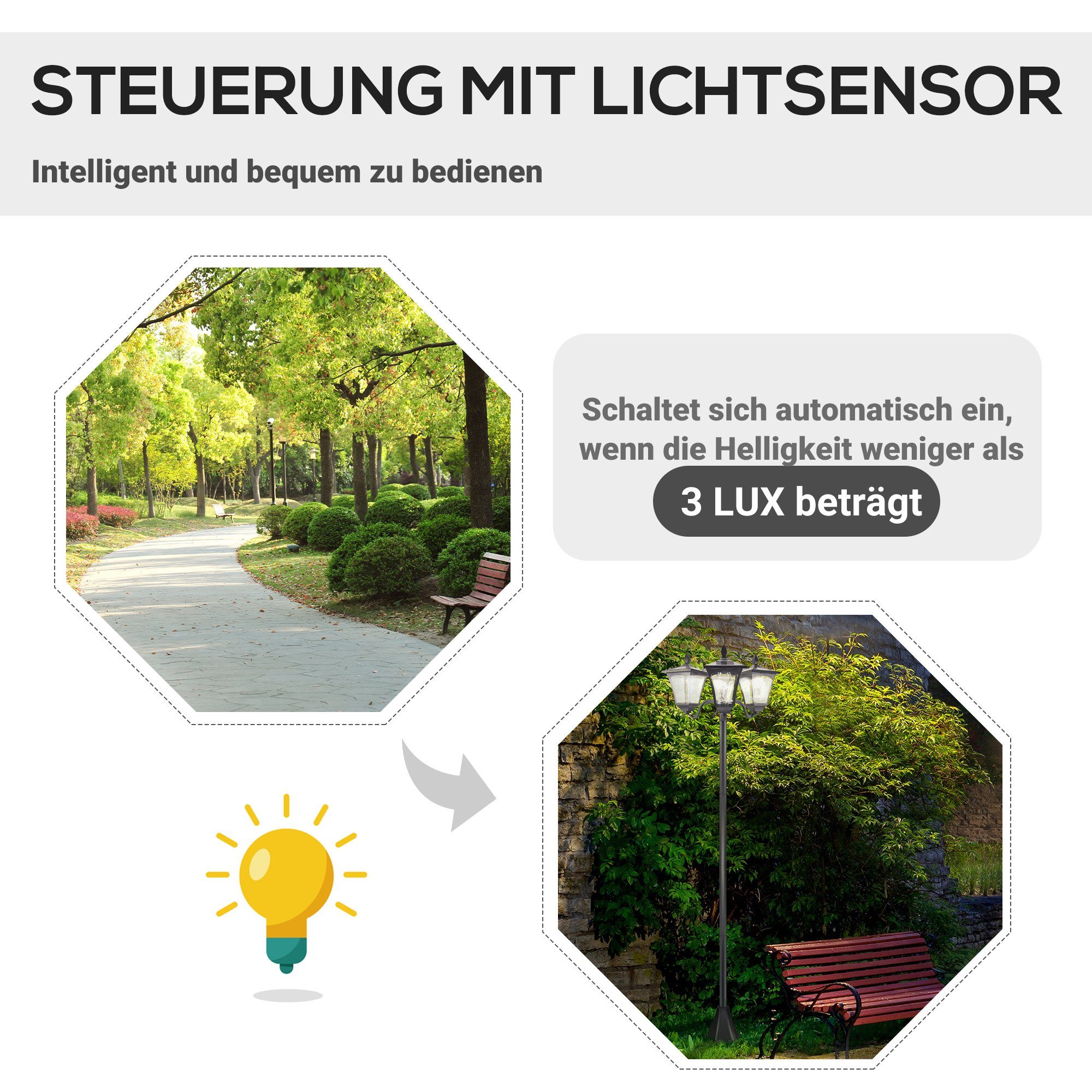 Outsunny Außen-Stehlampe Wegleuchte mit LED 120 Lumen, automatischer Lichtsensor, LED, Kaltweiß, Schwarz 51,5 x 47 x 182,5 cm – Bild 4 von 5