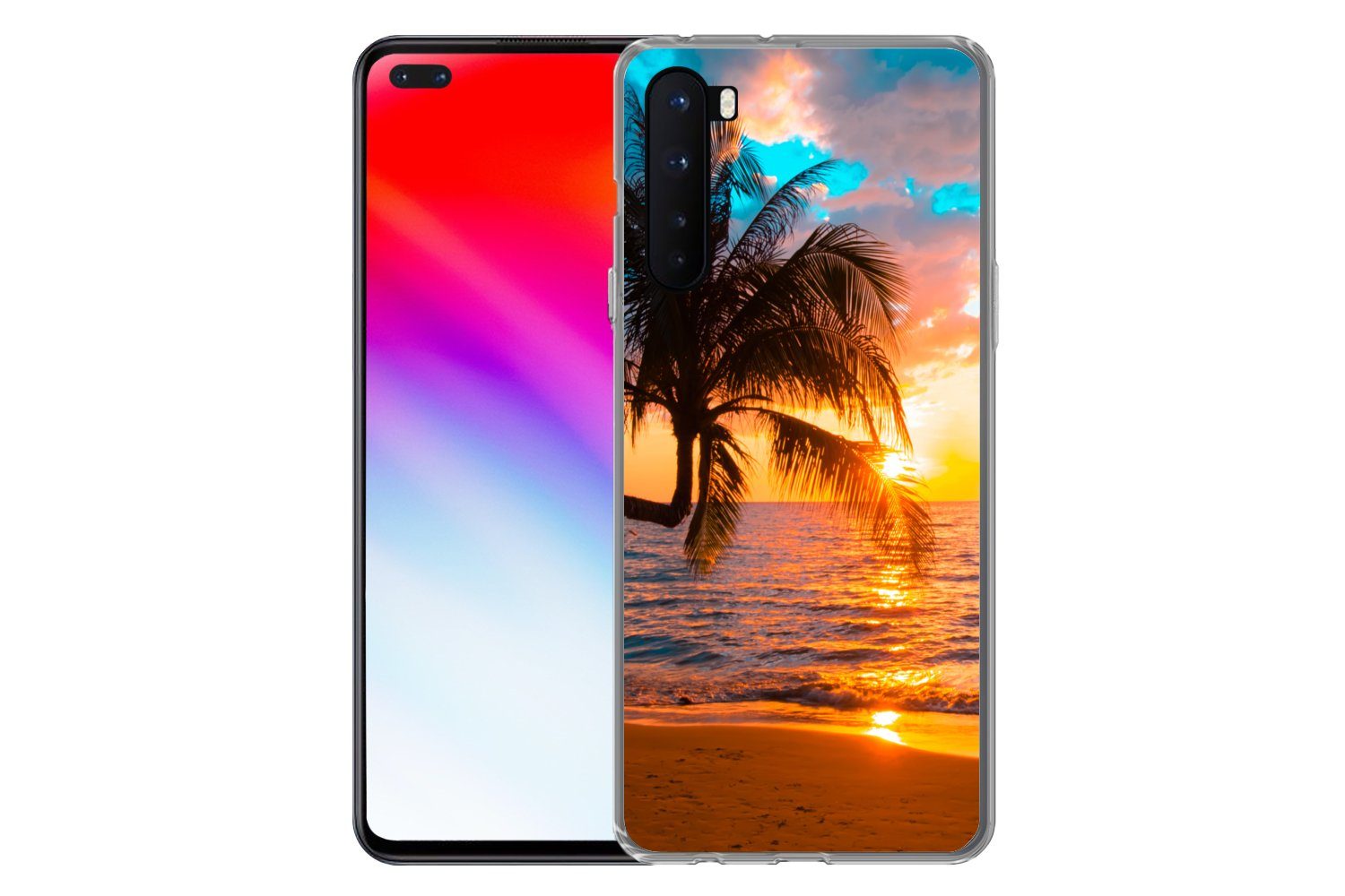 MuchoWow Handyhülle für OnePlus Nord Palme - Sonnenuntergang - Horizont - Strand - Meer -, Phone Case, Silikon, Schutzhülle Dünn