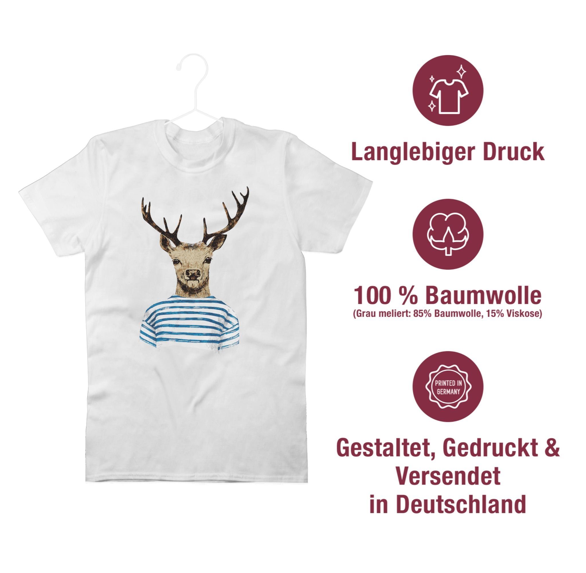 Shirtracer Shirt 02 Herren T-Shirt Weiß für gestreiftem Oktoberfest Mode Hirsch mit