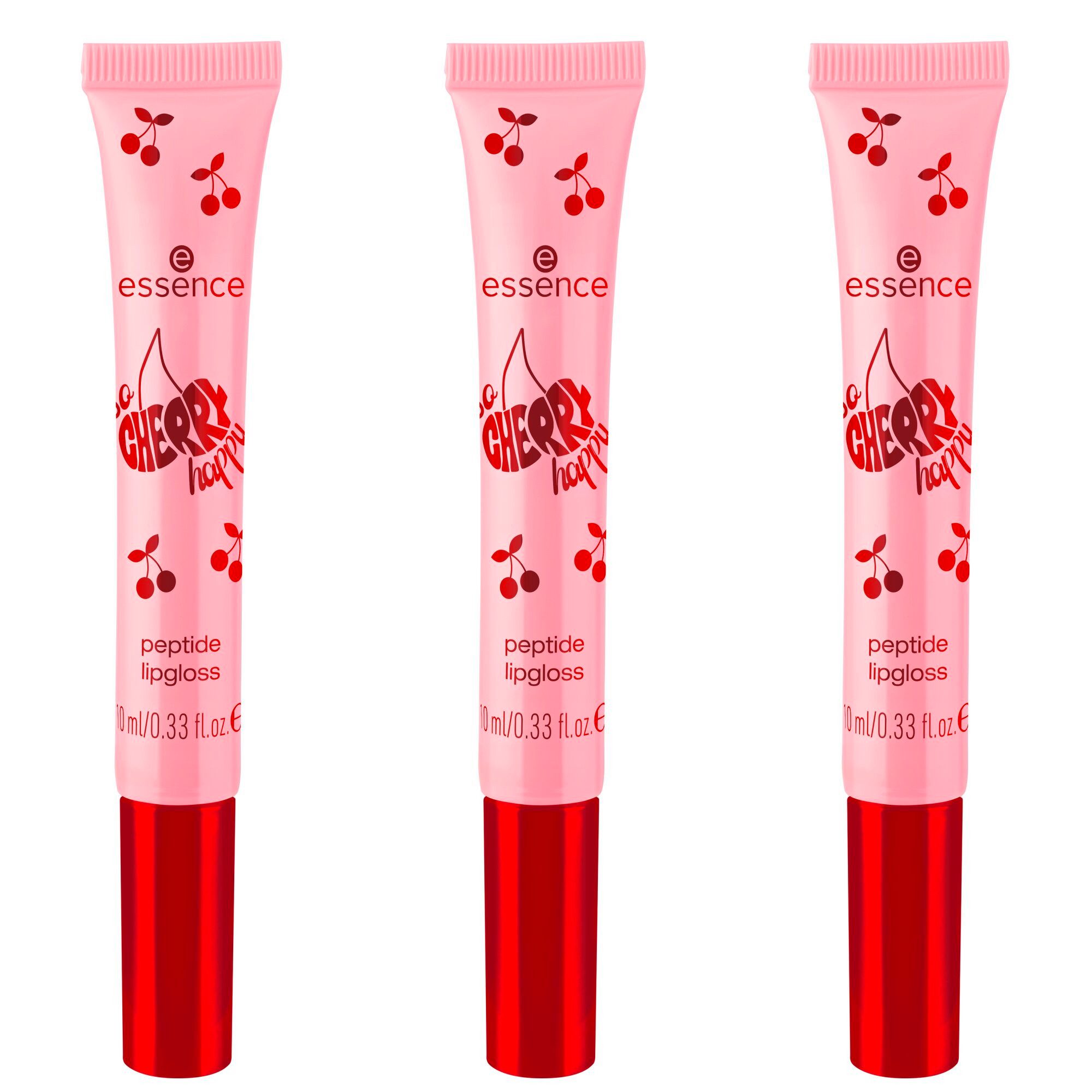 Essence Блеск для губ SO CHERRY happy peptide lipgloss, 3-tlg., Pflegende Formel, ultraglänzendes Finish, abgeschrägter Aplikator.
