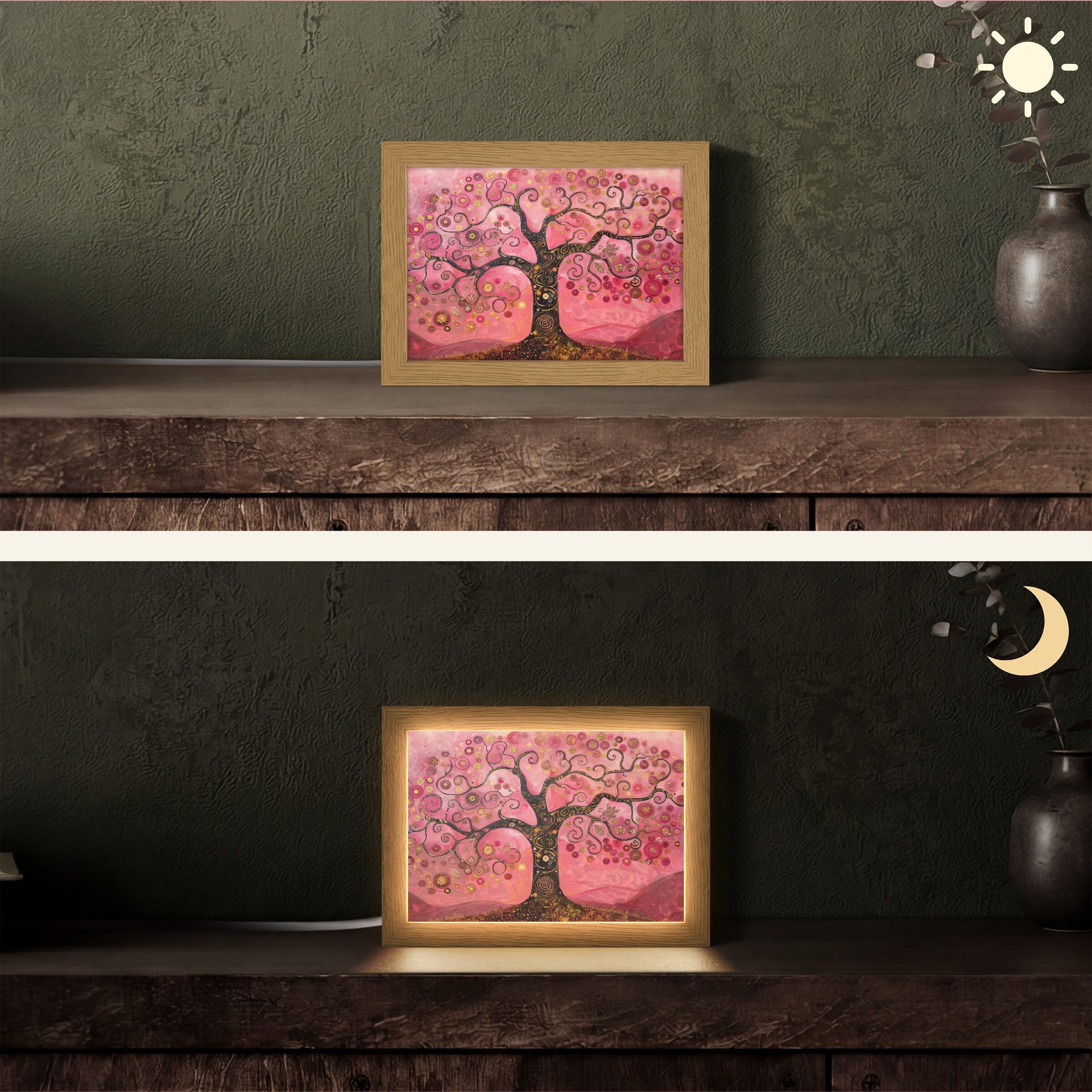 OnlyWow Tischleuchte Baum - Baum des Lebens - Rosa - Gold, Dimmbar, Farbwechsel, LED, Warmweiß, Kaltweiß, Neutralweiß Einstellbar, Tischlampe, Schreibtischlampe, Desk, Dimmbar, mit Kabel, LED