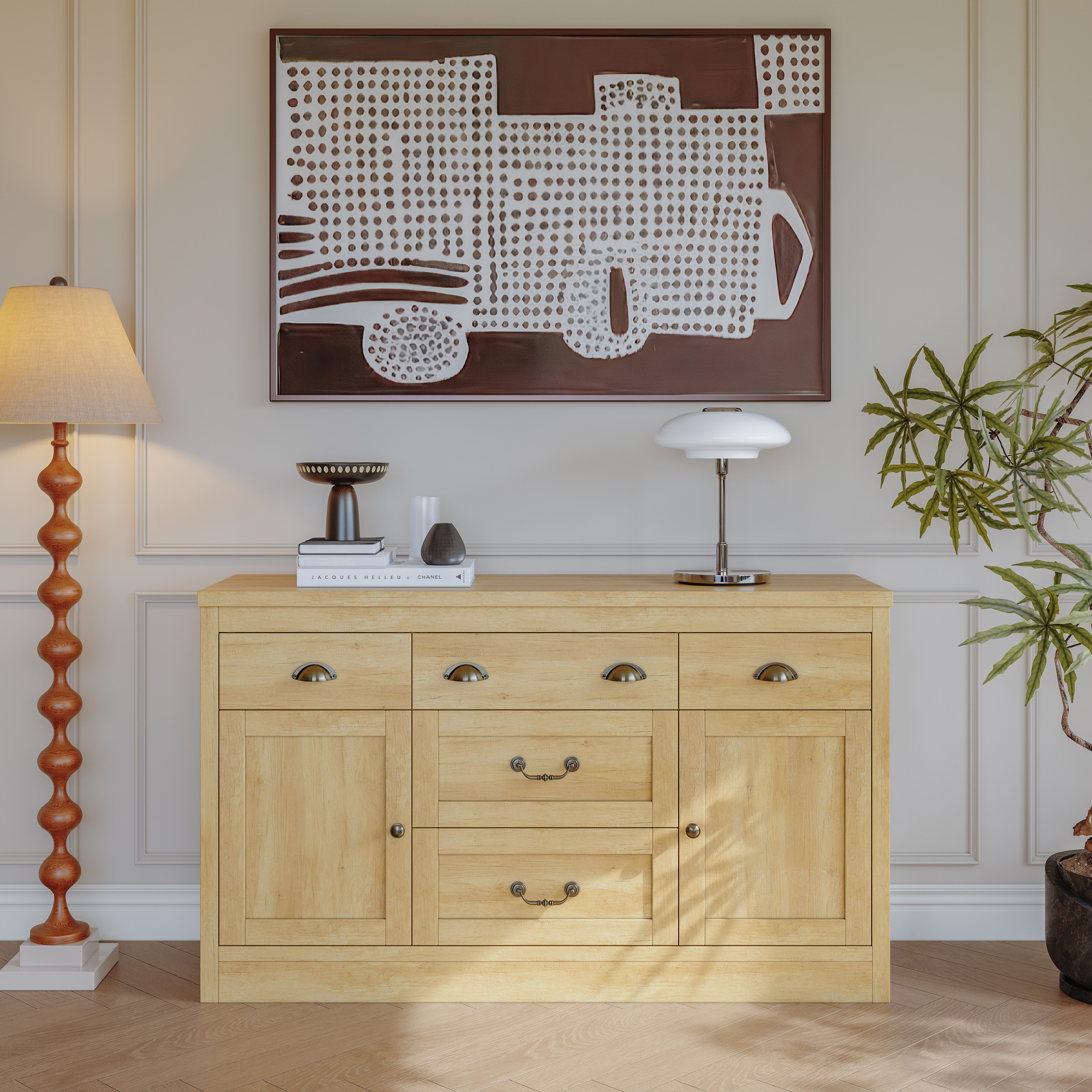 FUROKOY Sideboard Küchenschrank Beistellschrank aus Holz (Industriestil Schrank Highboard mit 2 Türen und 5 Schubladen), Buffet für Schlafzimmer, Wohnzimmer, Flur, 135 x 39.8 x 80 cm