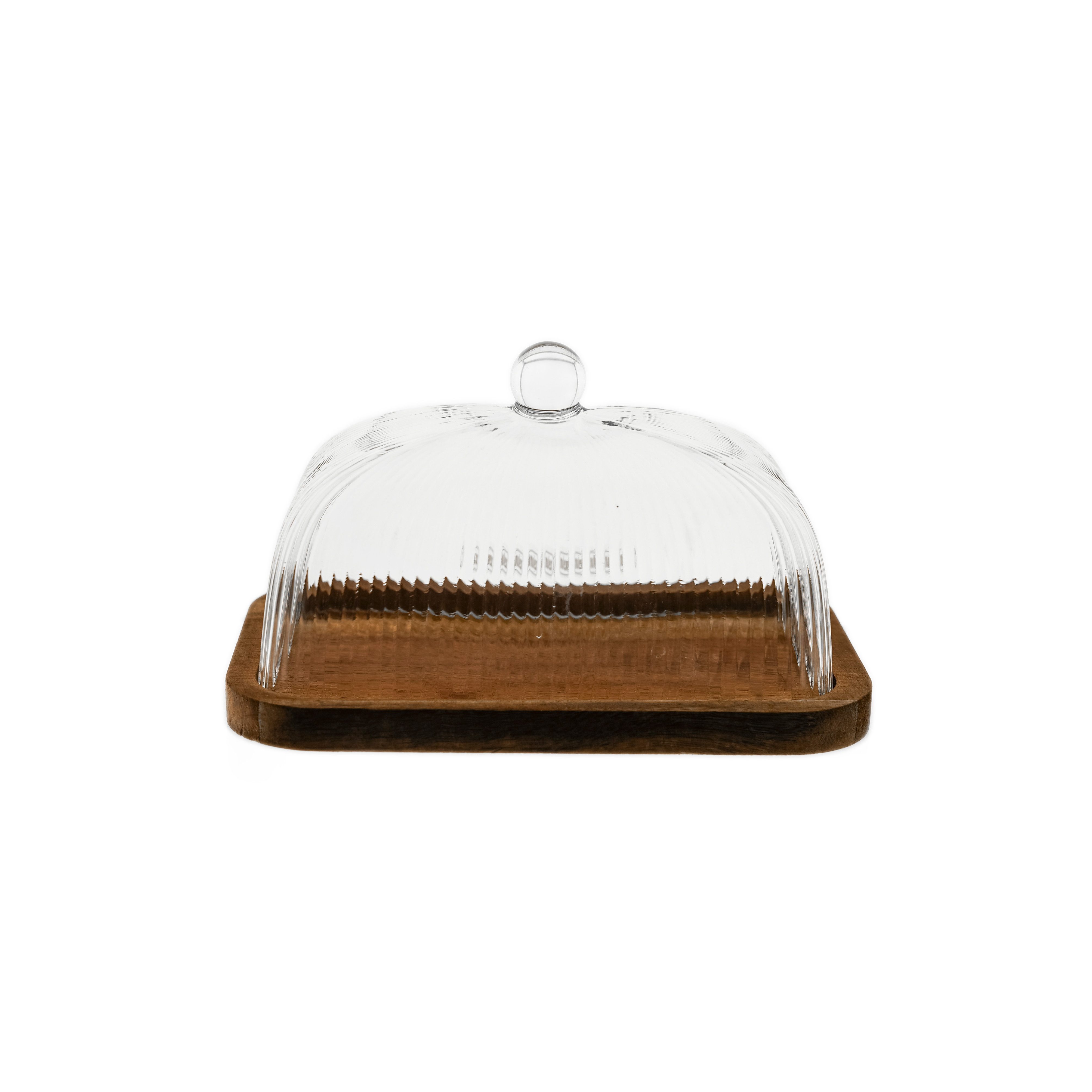 Mulex Butterdose, Glas, Holz, (1-tlg), mit Glasdeckel & Holzplatte, 16 x 10 x 10 cm