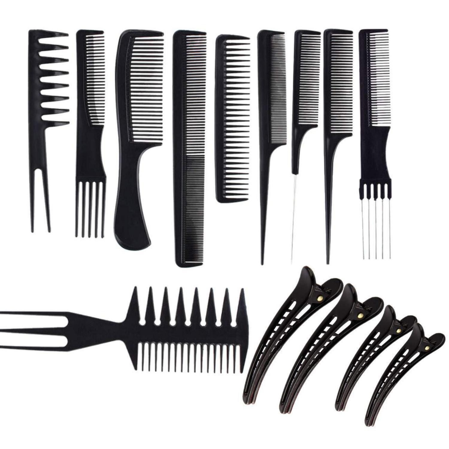 LuxusKollektion Haarkamm Profi Hair Styling Kämme Set 10 Stk. + 4 Haarklammern Schwarz