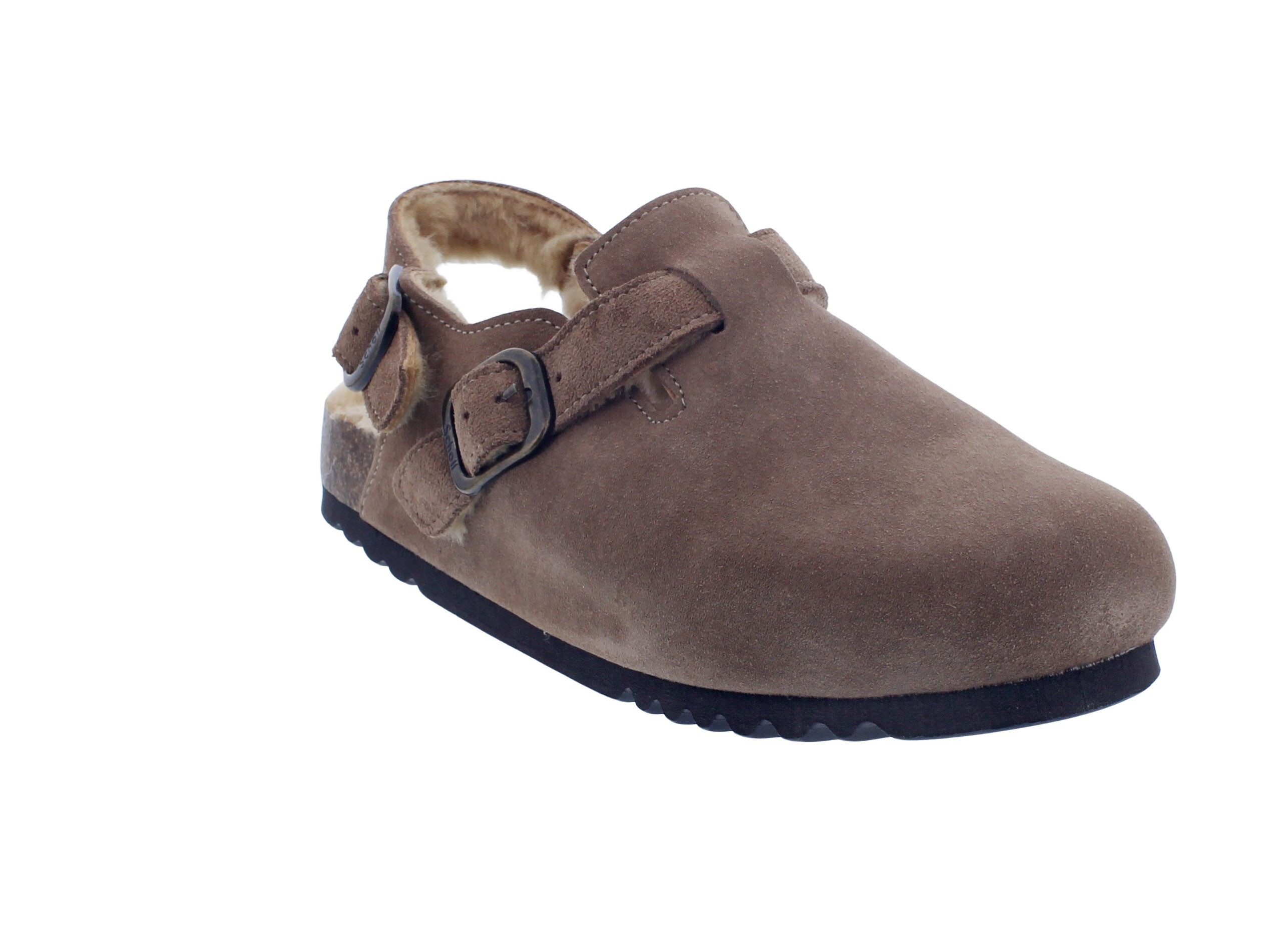 Scholl Scholl Fae Backstrap Clog Taupe Suede + Fur - Veloursleder mit Fell Clog
