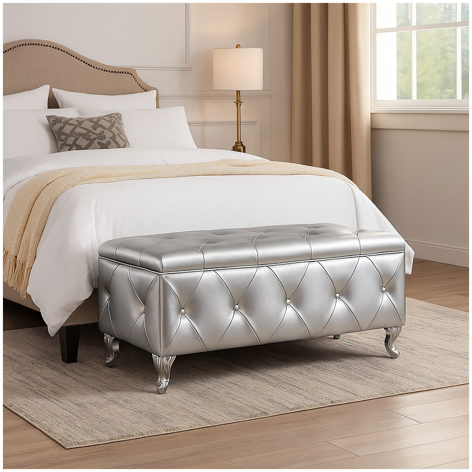 HTI-Living Sitzbank Gepolsterte Sitzbank mit Truhe Maribella Silber (Stück, 1-St., 1 Sitzbank), Ottomane mit Stauraum