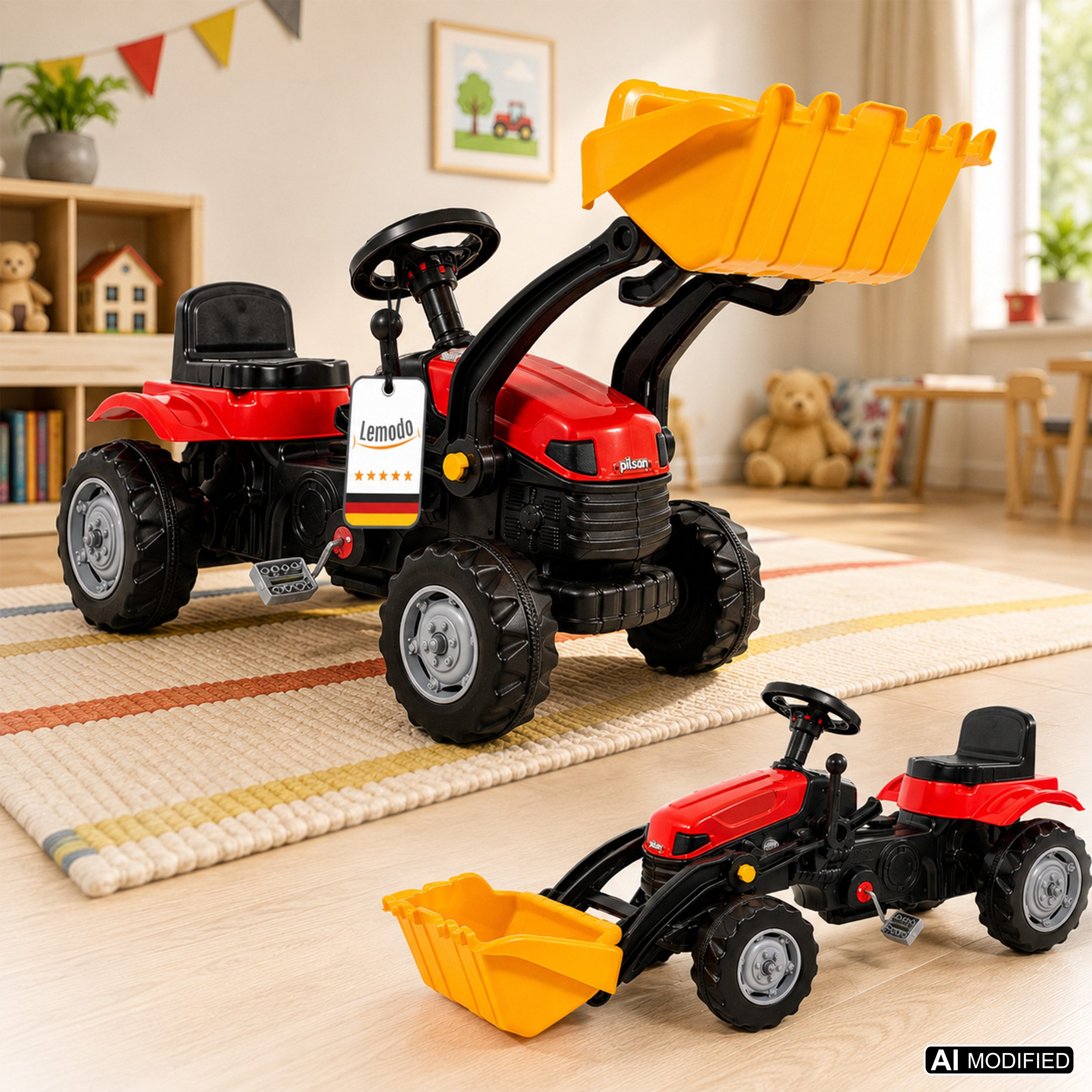 Lemodo Trettraktor Kindertraktor mit Schaufel und Hupe, Trettrecker in gelb