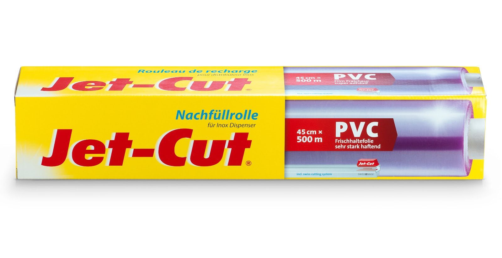 Jet-Cut Frischhaltefolie Nachfüllrolle für Inox Dispenser, 45 cm x 500 m, 8,5 µm, (500 m x 45 cm, 8,5 µm, inkl. Profi-Cutter