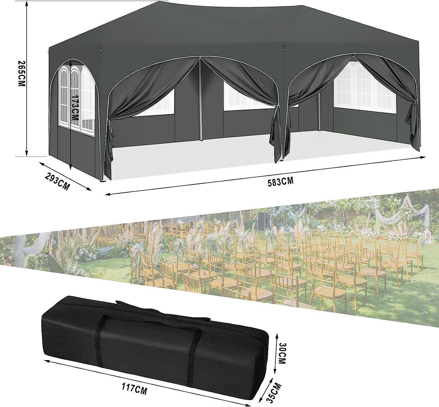 Woltu Pavillon, mit 6 Seitenteilen, 3x6 m, mit 6 Seitenwänden, höhenverstellbar