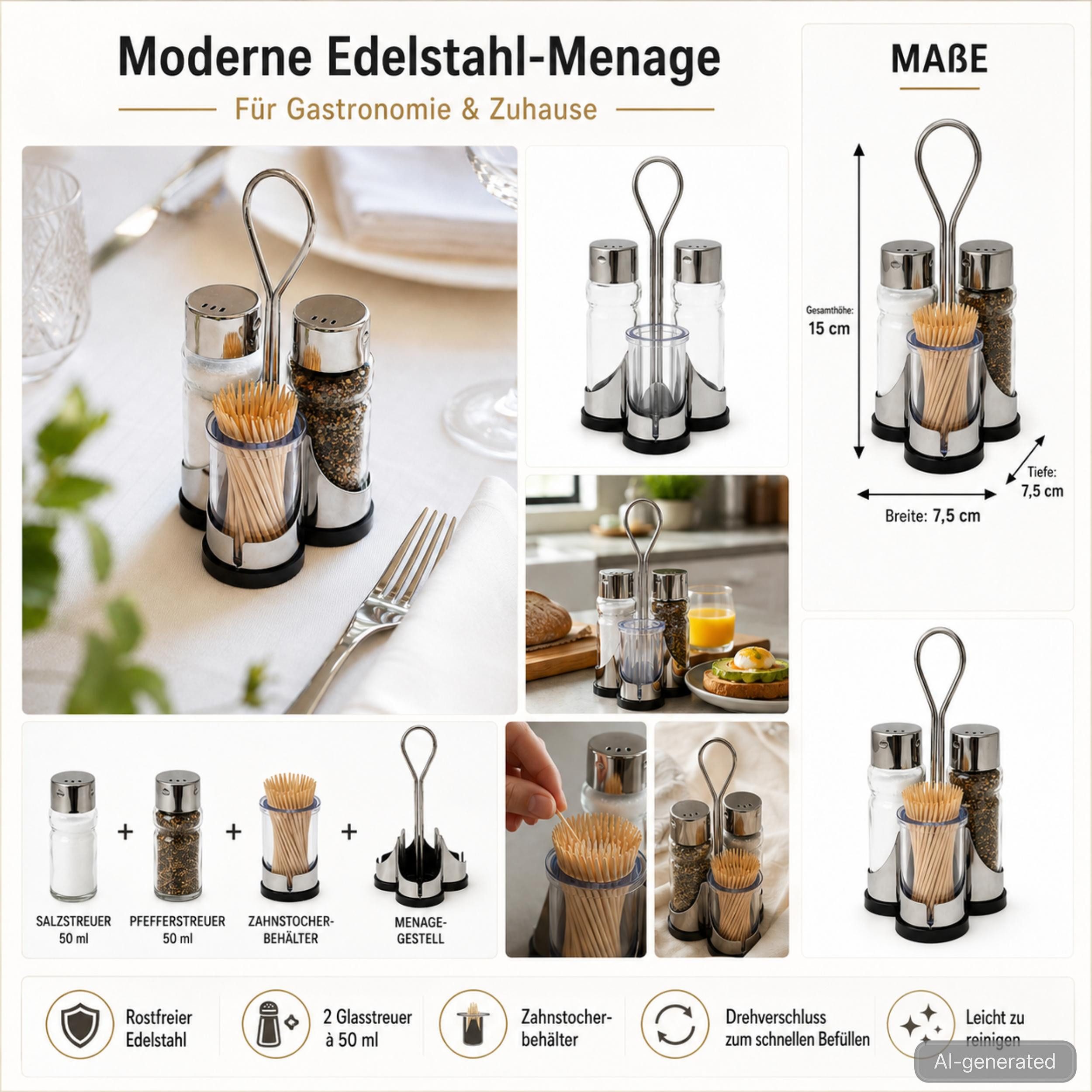 DanDiBo Menage-Set Menage Salz und Pfefferstreuer Set Zahnstocher 230 Salzstreuer – Bild 2 von 5