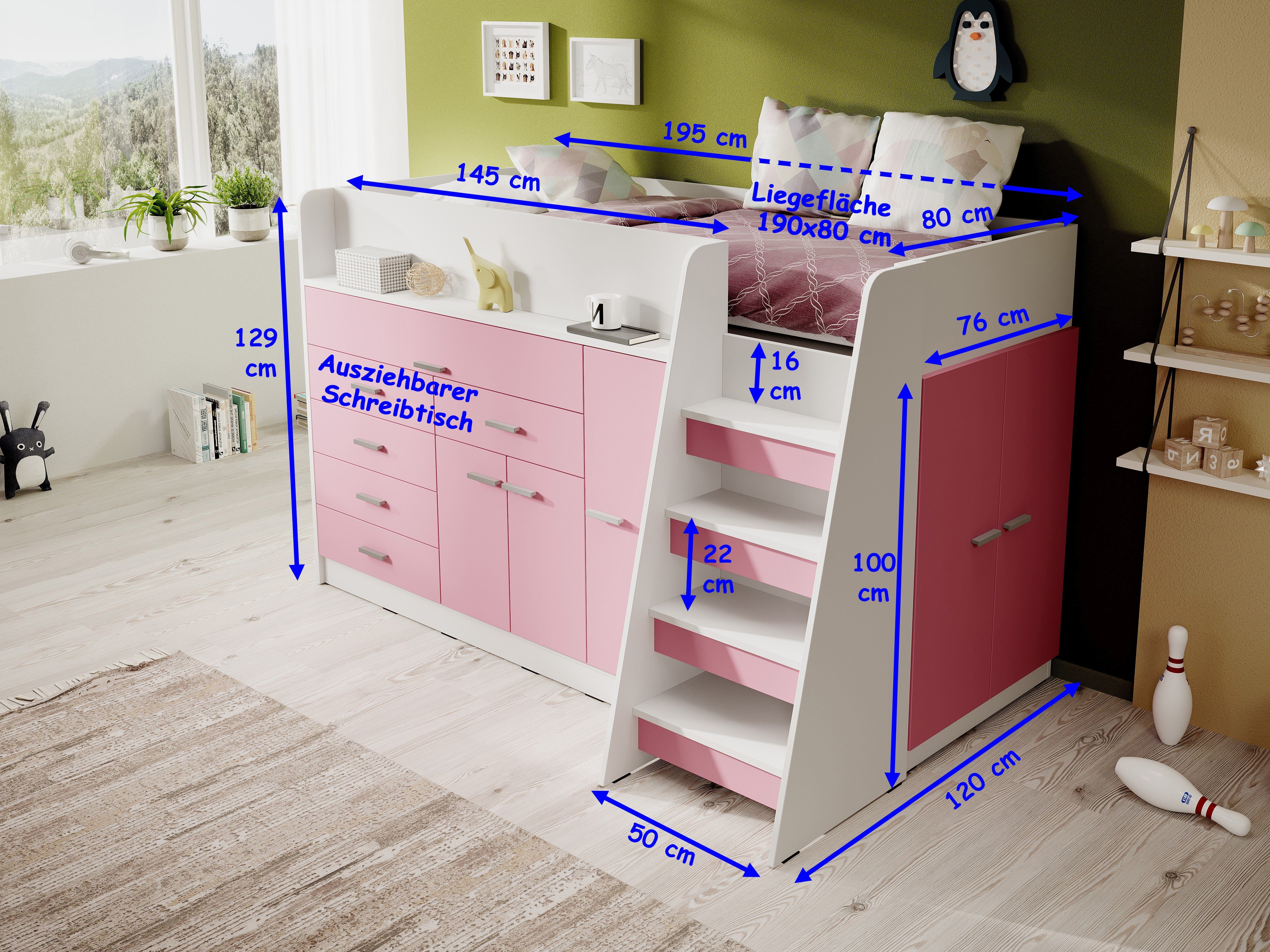 Ingenio Treppe Fronten mit viel für rosa Stauraum Hochbett mit ausziehbarem Lattenrost Möbel Dich und Schreibtisch,