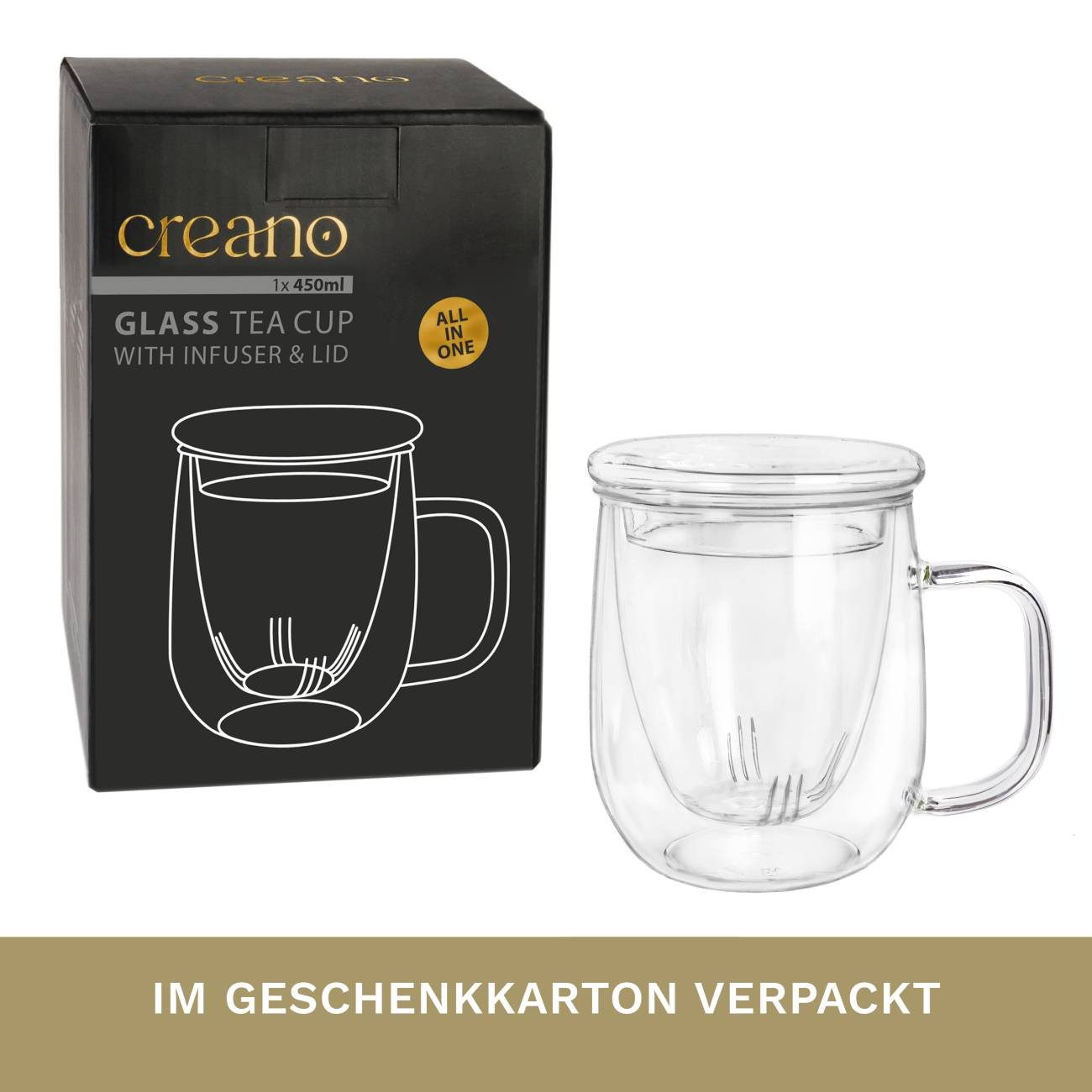 Creano Teeglas Creano Teeglas 450ml - mit Sieb und Deckel aus Glas – Bild 5 von 5