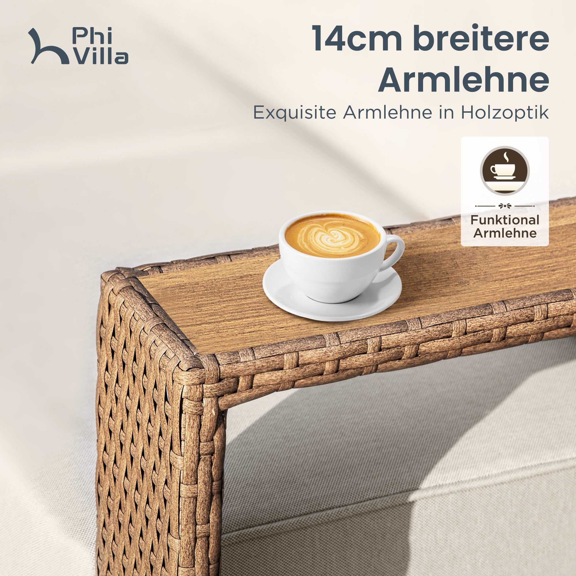 PHI VILLA Gartenlounge-Set, (Rattan Gartenmöbel Set Balkonmöbel, Allwetter Gartensofa Terassenmöbel Außen mit Dicken Weißen Kissen), Lounge Möbel Outdoor Sofa Sets für Garten und Terrasse