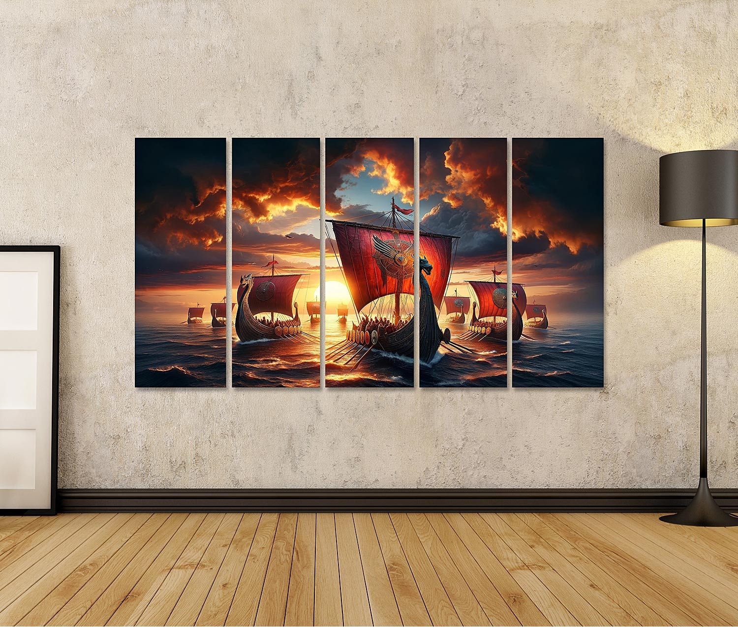 islandburner Leinwandbild Sonnenuntergangsflotte: Wikinger-Langschiffe bere günstig online kaufen
