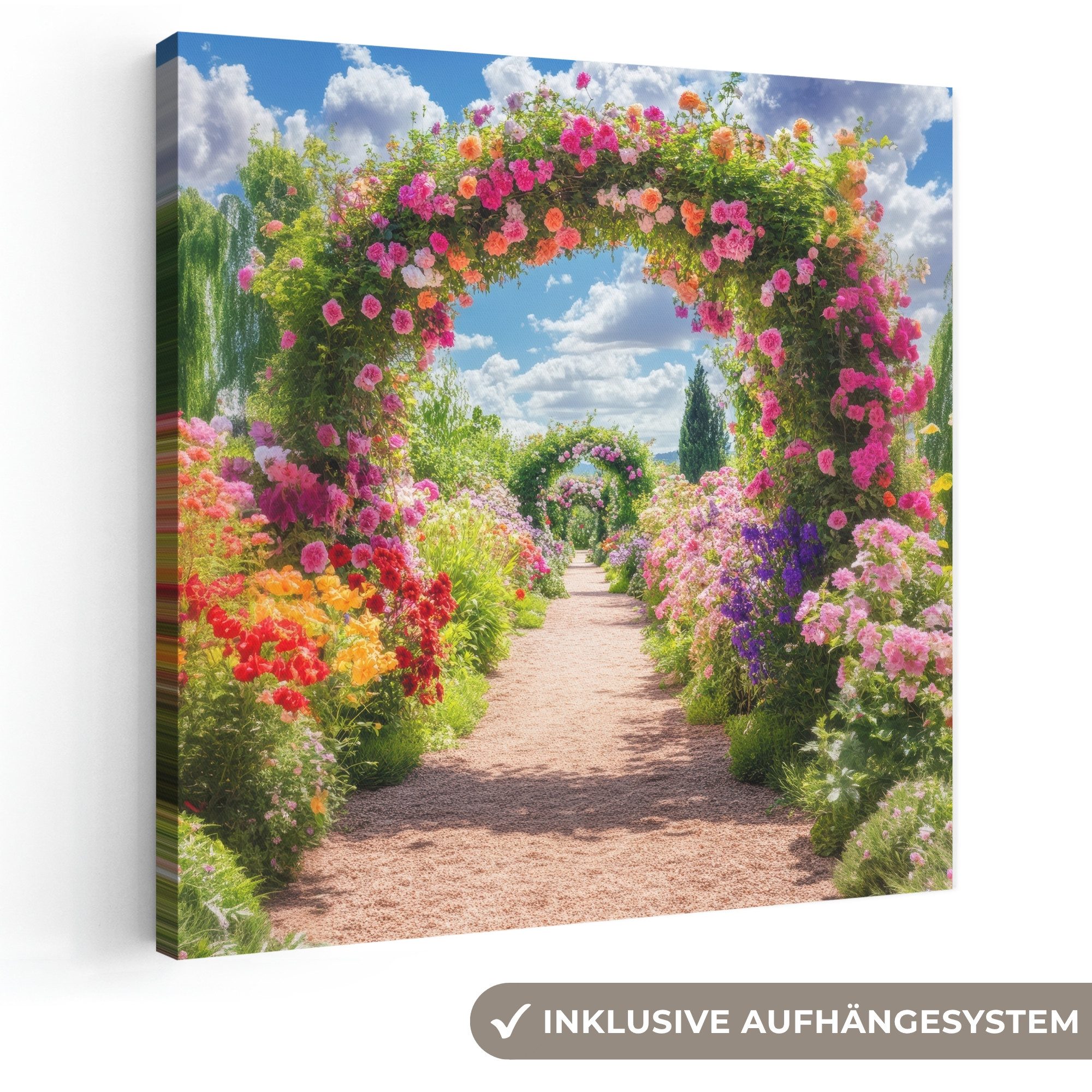 OneMillionCanvasses® Leinwandbild Fensterblick - Fenster - Blumen - Farbenfroh - Natur, Fotodruck (1 St), Wandbild, Deko Schlafzimmer Wohnzimmer Flur 20x20 cm