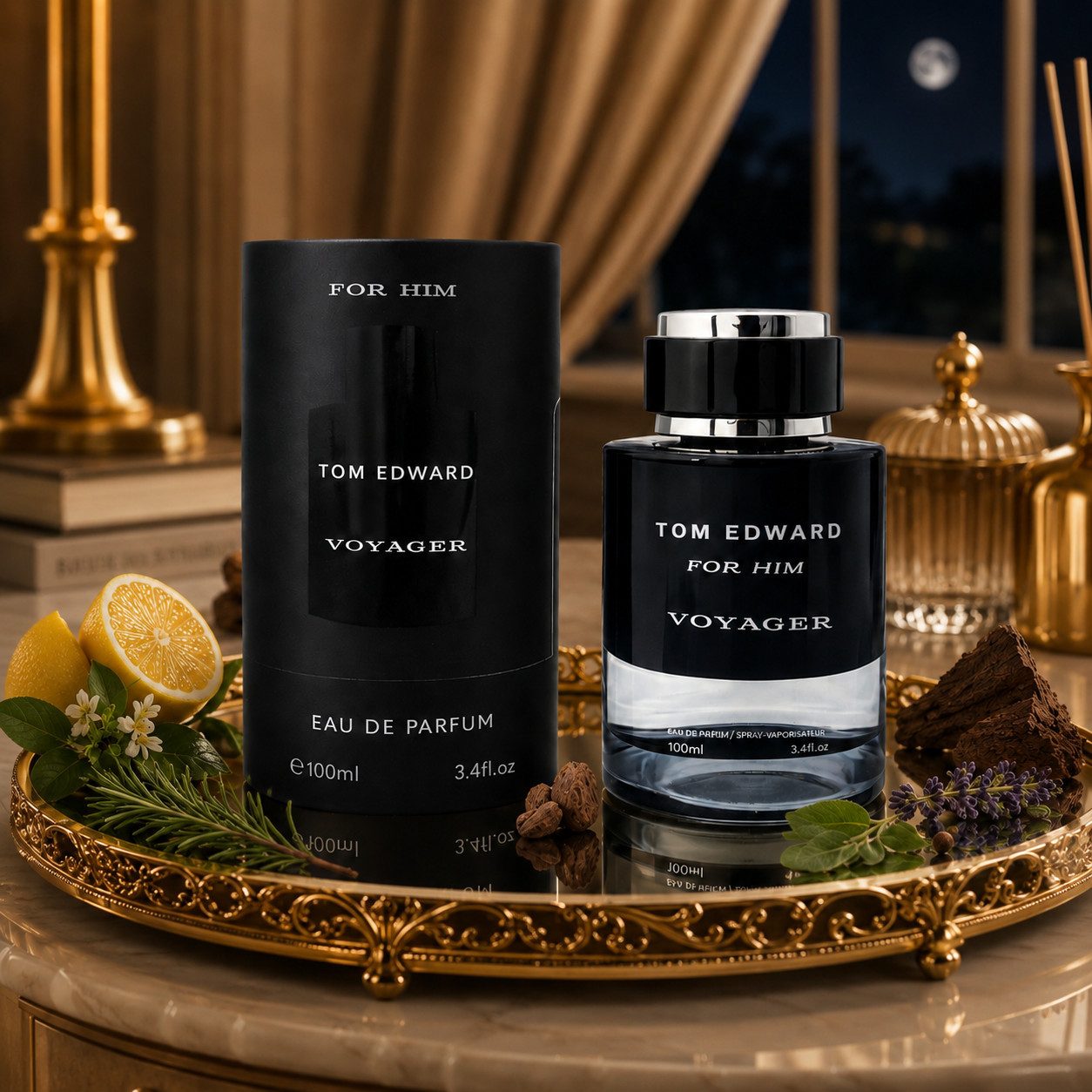 TOM EDWARD Eau de Parfum Tom Edward Voyager for Him Herrenduft Frisch Holzig Aromatisch e100 ml, Hergestellt in UK, Luxus Herrenduft, Langanhaltend, Schone Verpackung
