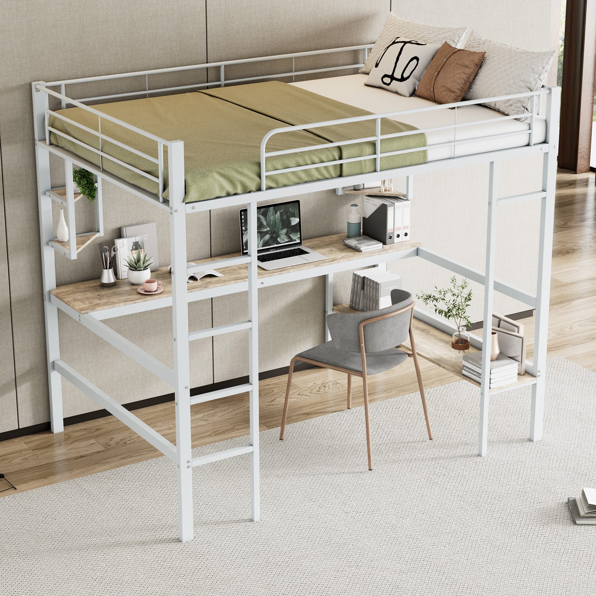 MODFU Hochbett Metallbett mit Geländer (Jugendbett, Stockbett, mit Schreibtisch & Regal, 140x200cm) ohne Matratze