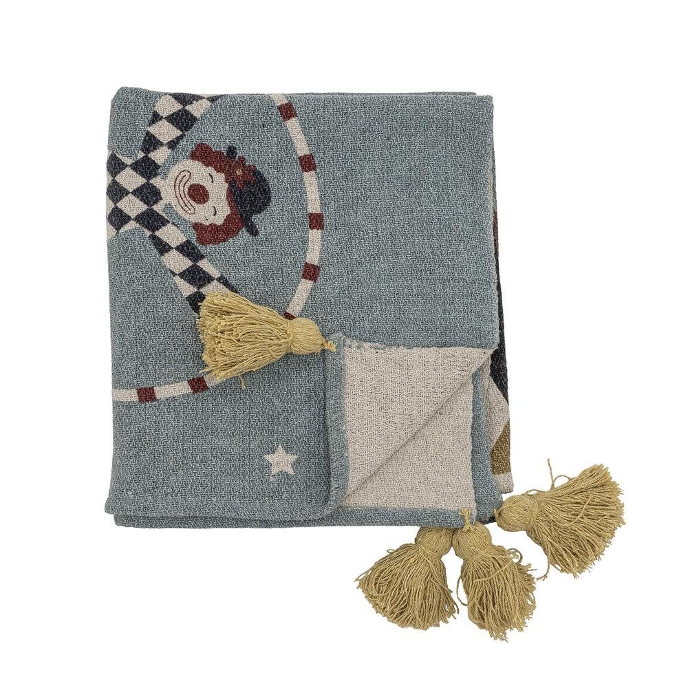 Überwurf Prana Decke, Bloomingville, Blau 160x130cm Recycelte Baumwolle Überwurf mit Quasten Zirkus-Motiv
