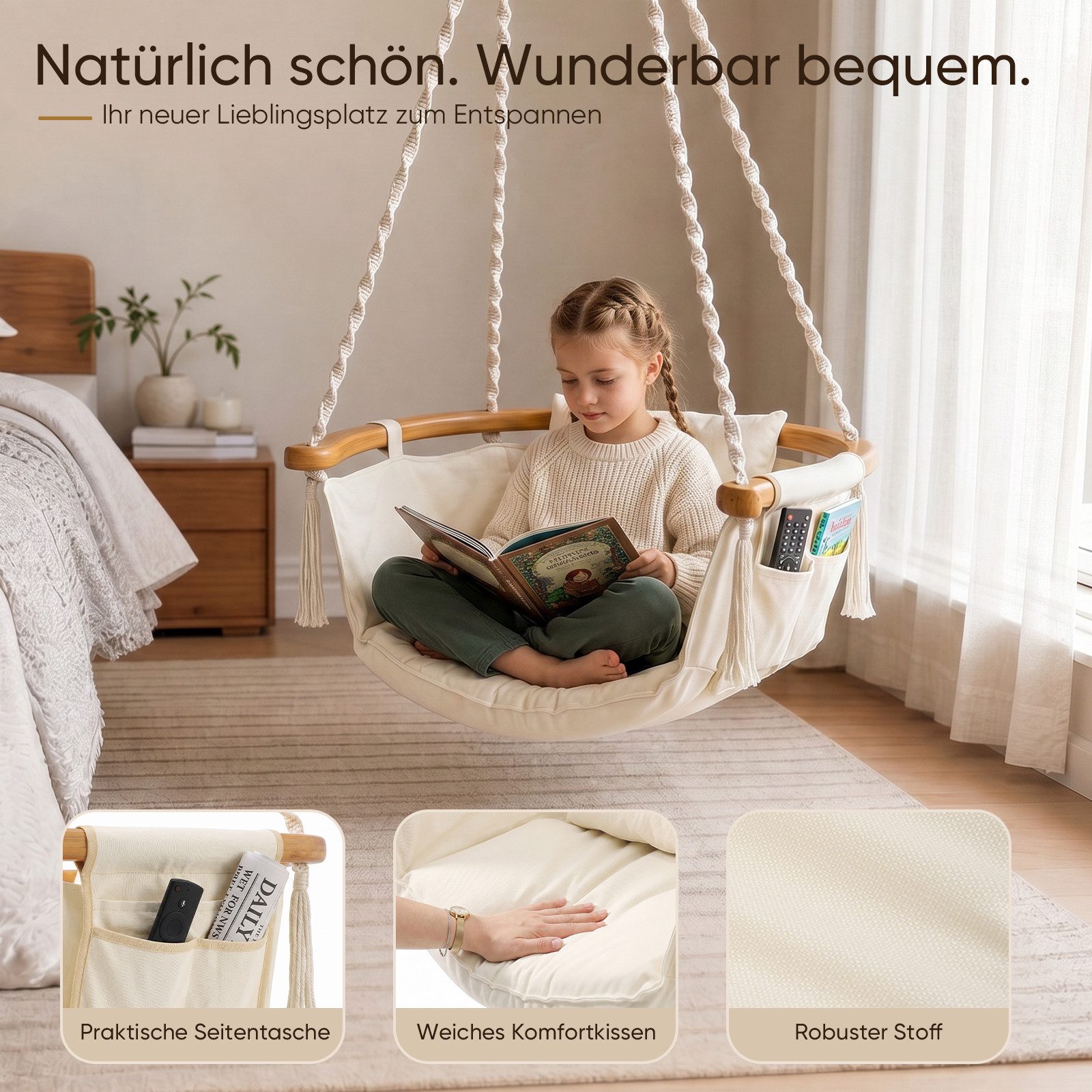 Sekey Hängesessel Hängesessel Hängestuhl Hängeschaukel mit Kissen bis 120 kg, Hängesitz mit Seitentasche Garten Terrasse Wohnzimmer Indoor Outdoor