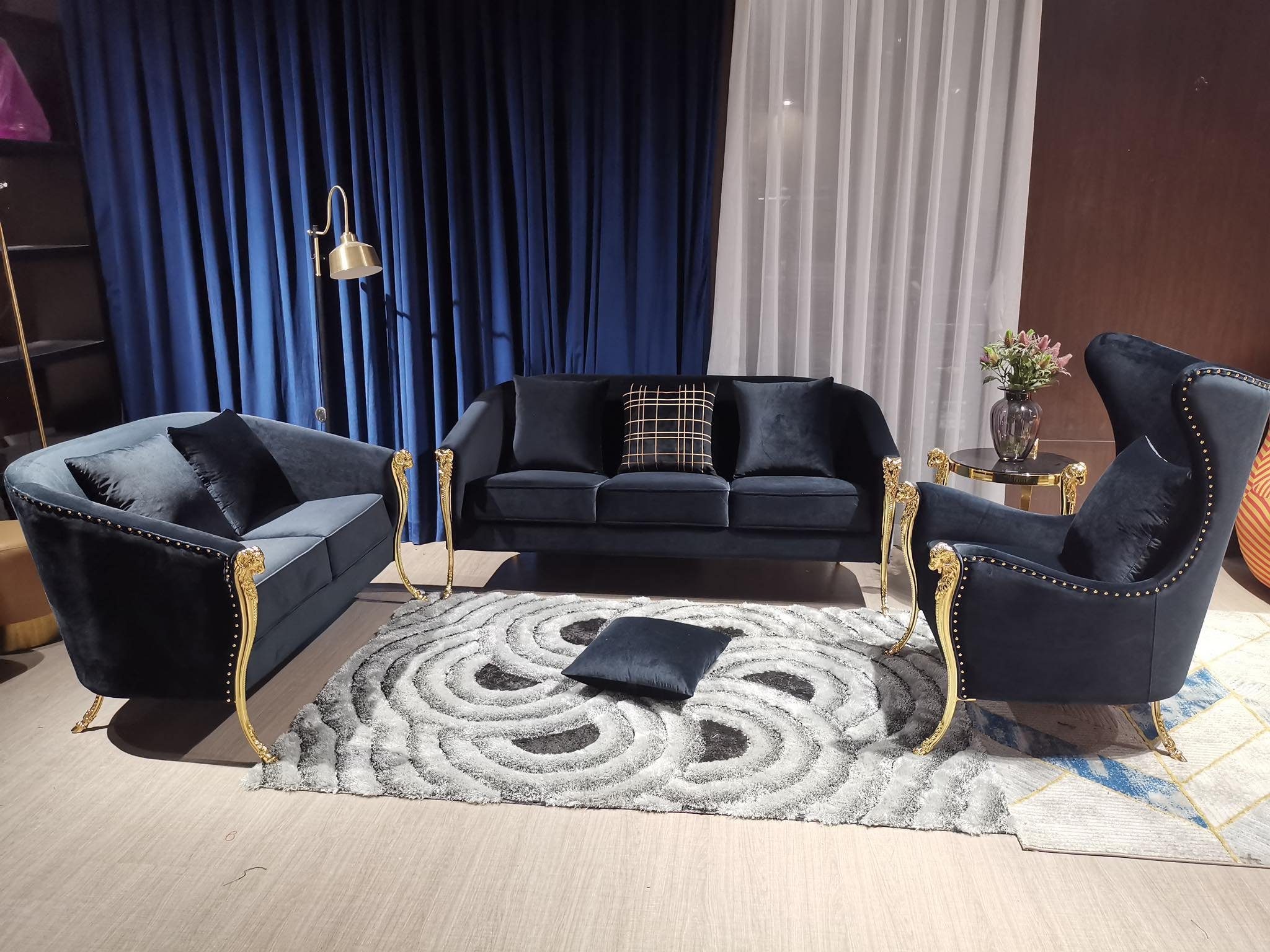 JVmoebel Wohnzimmer-Set, Art deco goldene samt luxus wohnlandschaft sofagarntur sitzer set Schwarz