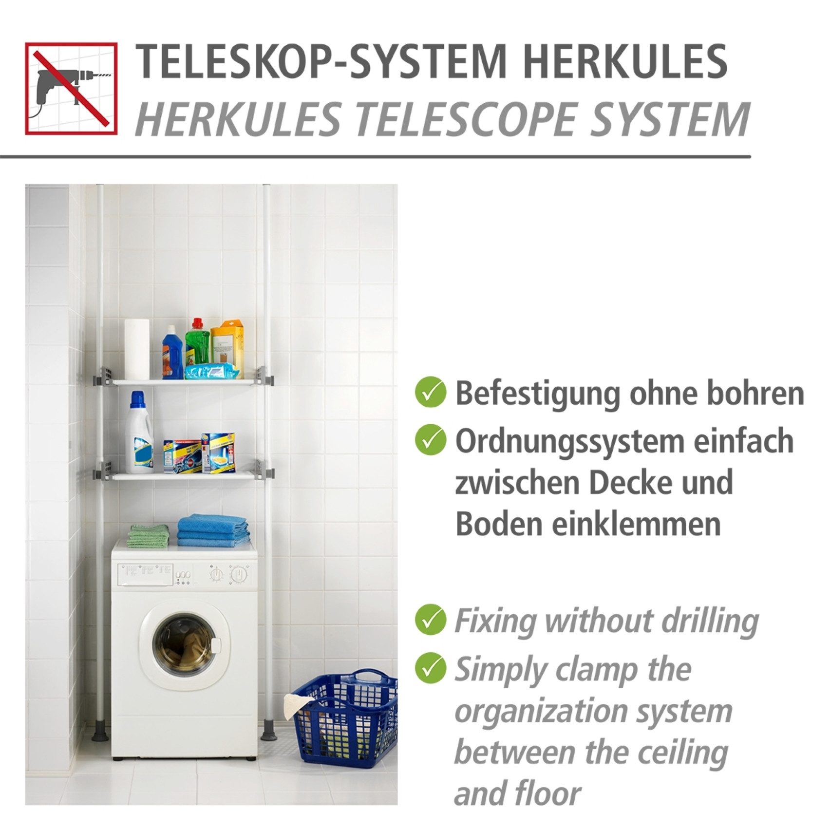 WENKO Teleskopregal Modell Herkules Twin, Set, 2 Trägerstangen, 2 verstellbare Ablagen, ideal für Bad & Abstellkammer – Bild 4 von 5