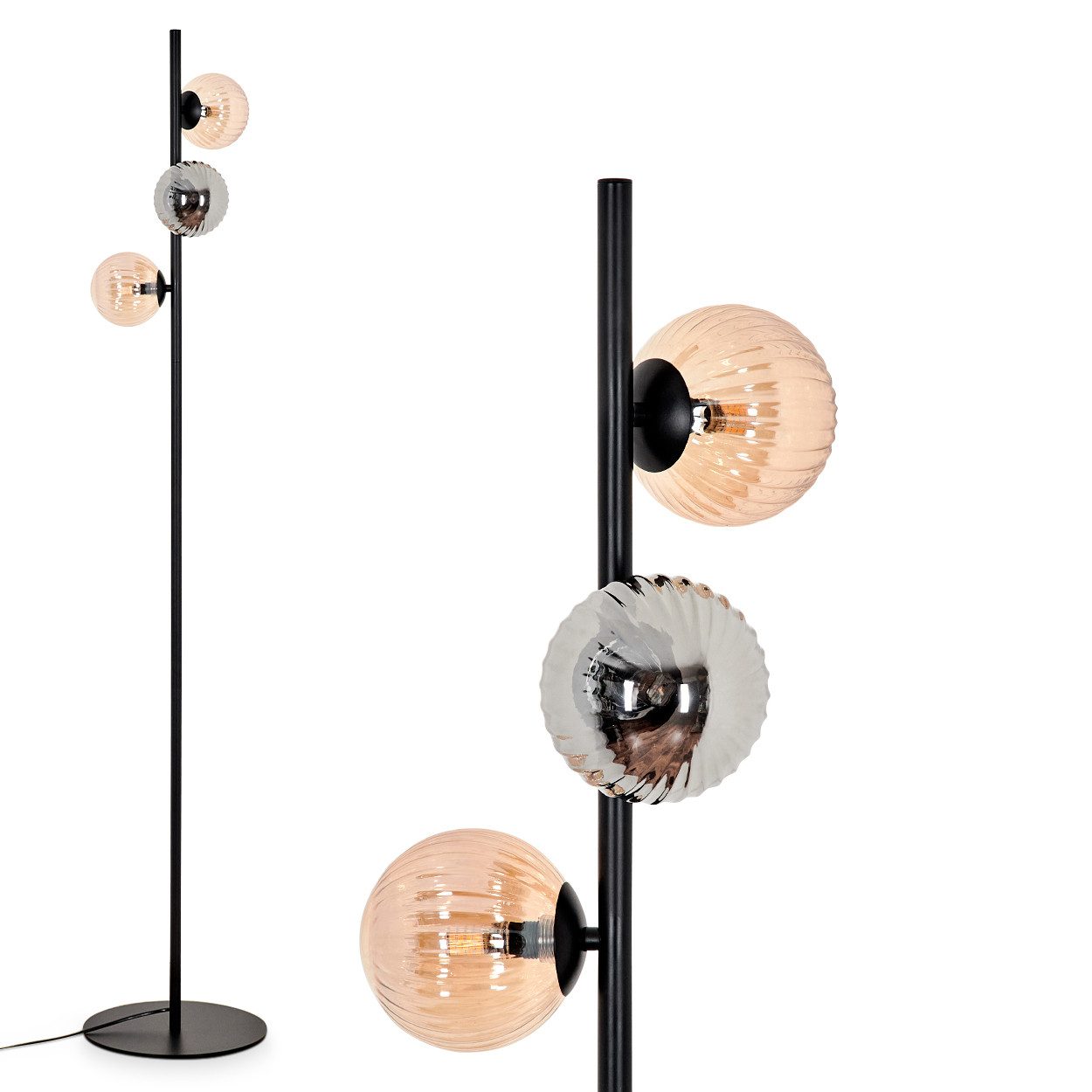 Stehlampe Stehlampe aus Metall/Riffelglas in Schwarz/Rauch/Bernstein