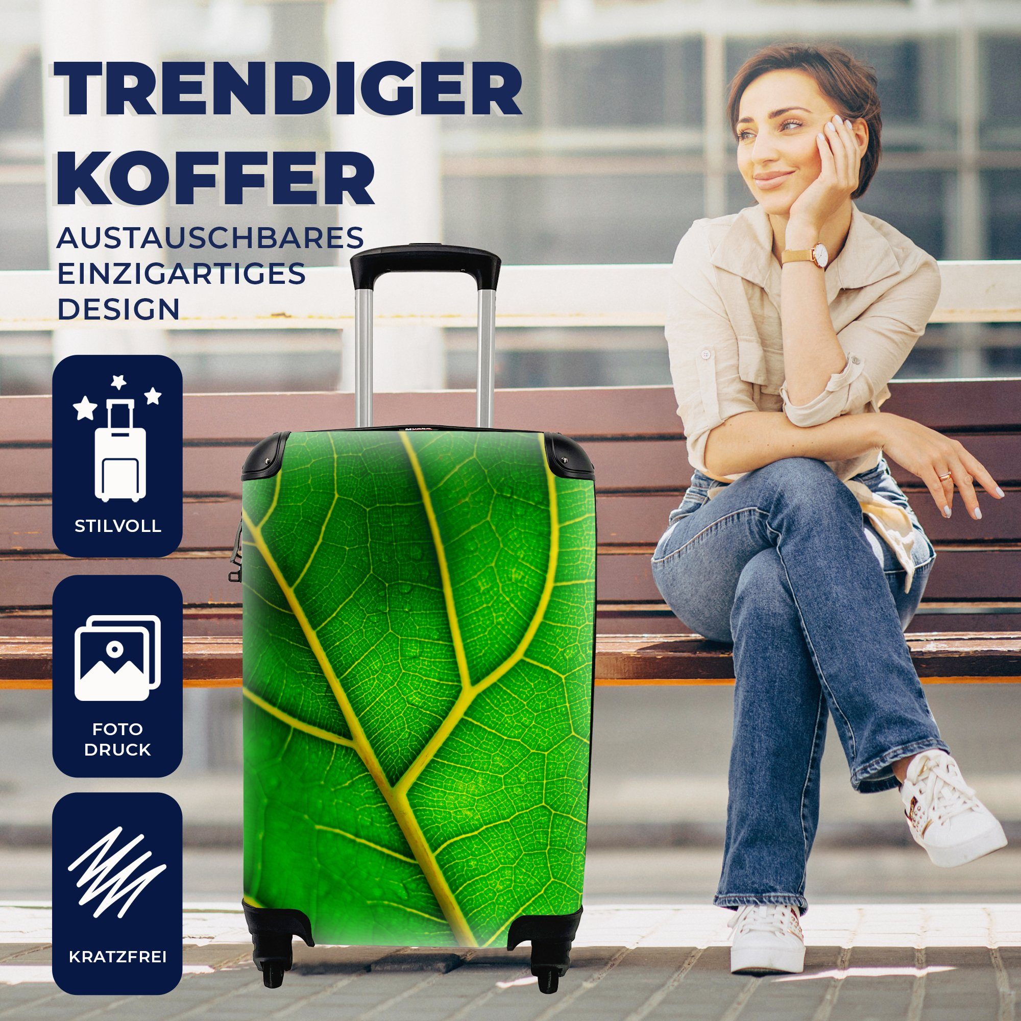 MuchoWow Handgepäckkoffer Handgepäck 4 Ferien, mit Rollen, Reisekoffer Reisetasche rollen, großen Unterseite Blattes, eines Trolley, grünen für