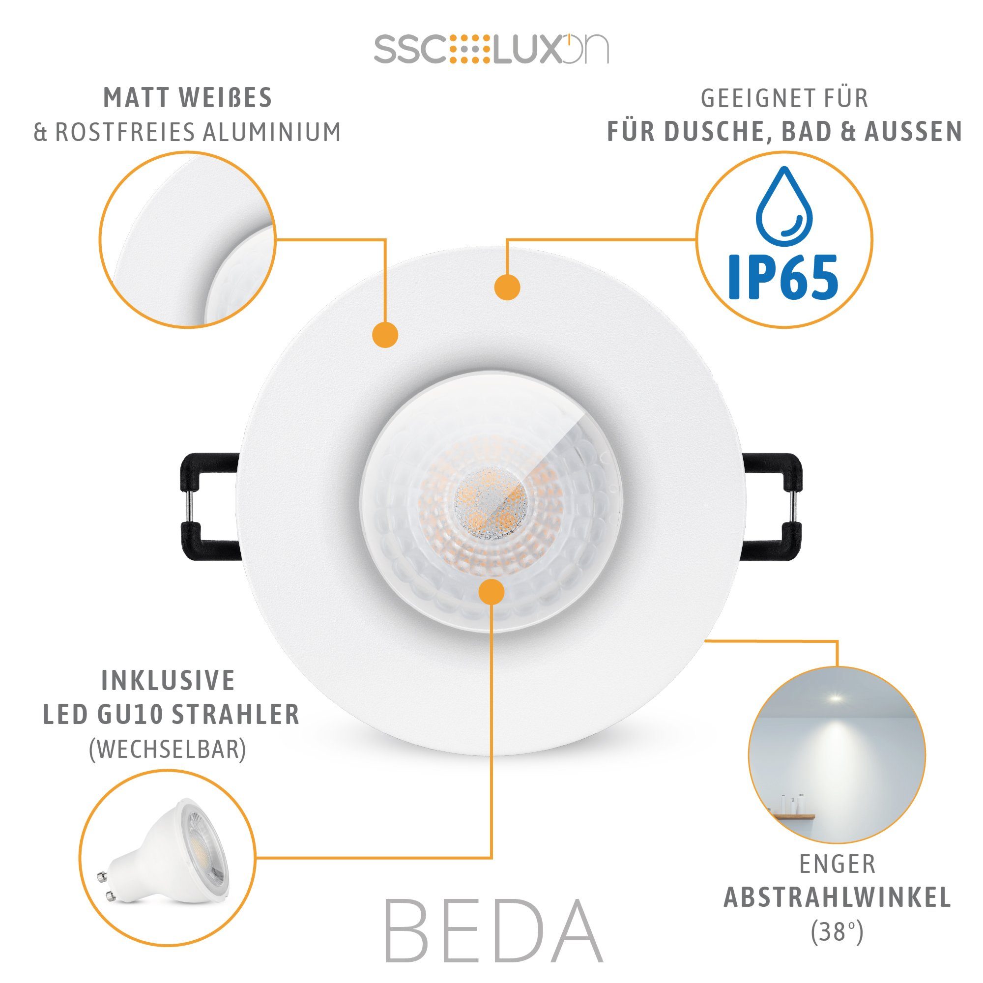 Lampe BEDA neutralweiss, Außen-Deckenleuchte mit GU10 SSC-LUXon tauschbar 38° Einbauspot LED 3W IP65 Neutralweiß