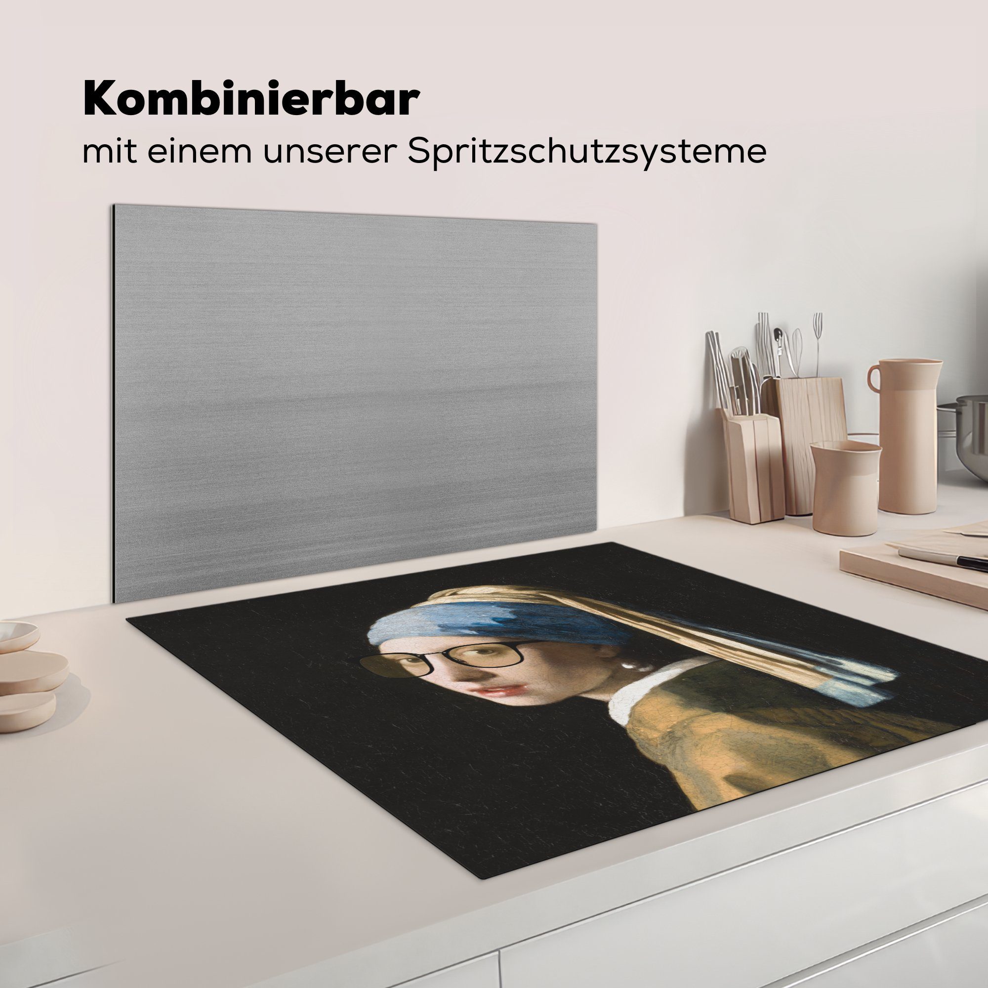 MuchoWow Herdblende-/Abdeckplatte Mädchen (1 Brillen, für Vinyl, Arbeitsplatte 78x78 - mit Vermeer - Perlenohrring Ceranfeldabdeckung, Das cm, dem küche tlg),