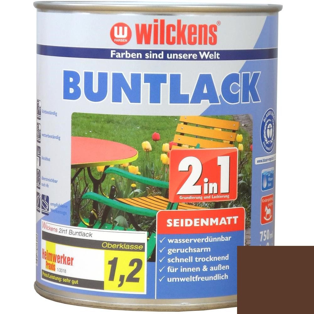 Wilckens Farben Acryl-Buntlack Buntlack 2in1 Lack, seidenmatt, Nussbraun RAL 8011, 750 ml
