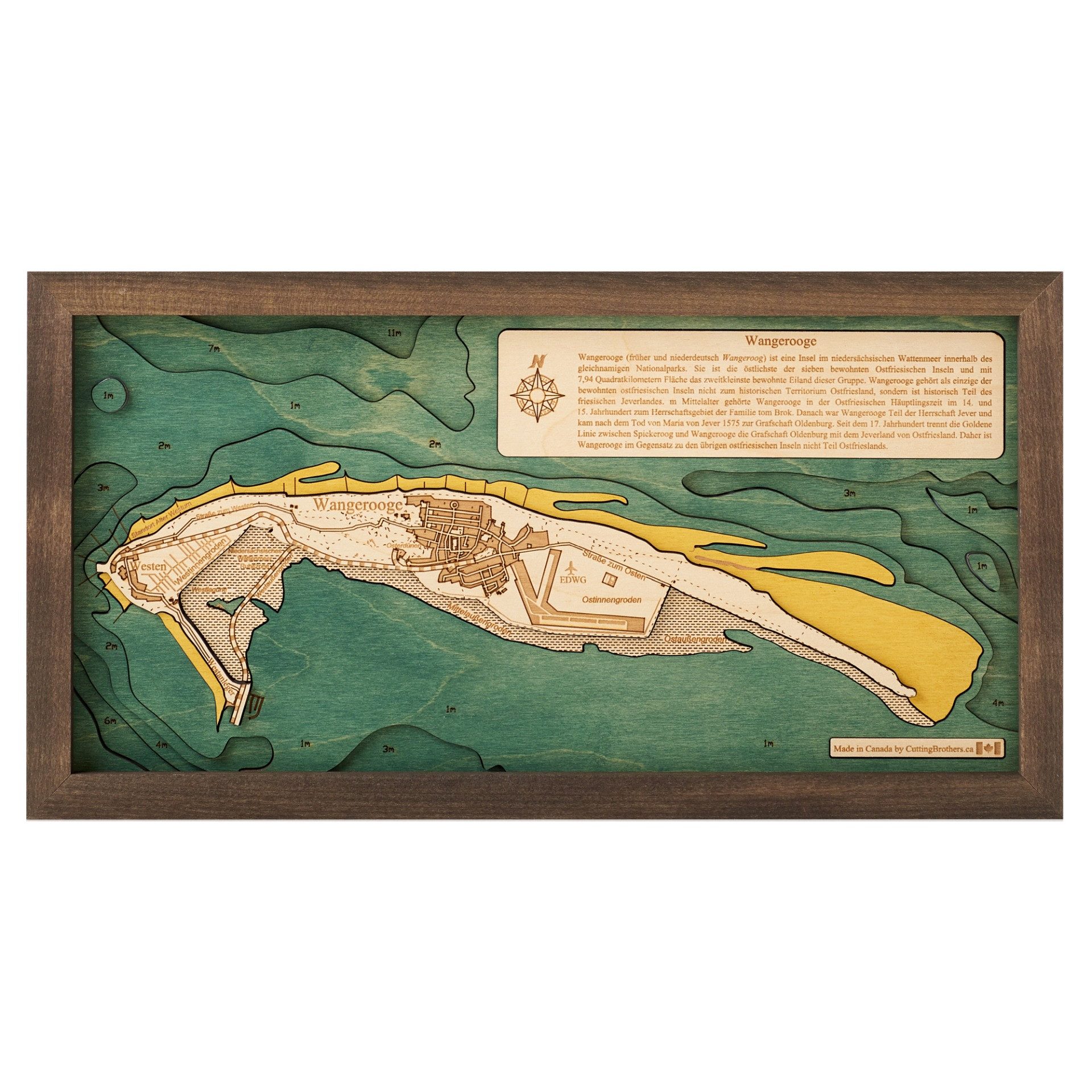 Cutting Brothers Holzbild Wangerooge 40.5x20 cm, 3D Holz-Wandkarte, handgefertigt aus Echtholz