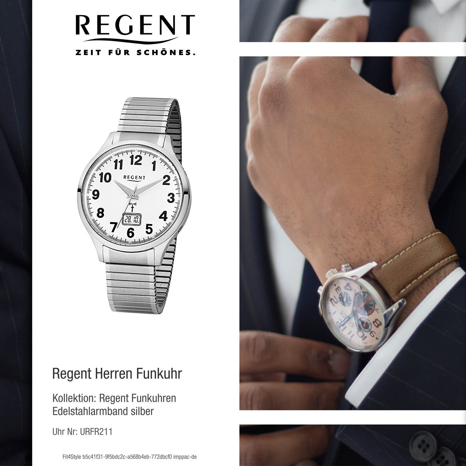 Regent Funkuhr groß Herren-Armbanduhr rund, (ca. Funkuhr 40mm), Herren silber, Regent Edelstahlarmband