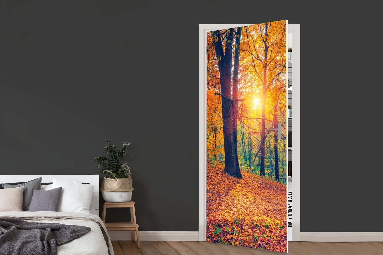 MuchoWow Türtapete - Tür, (1 Türaufkleber, Herbst Wald St), bedruckt, Bäume - cm Fototapete Matt, 75x205 Herbstliche - für Blätter