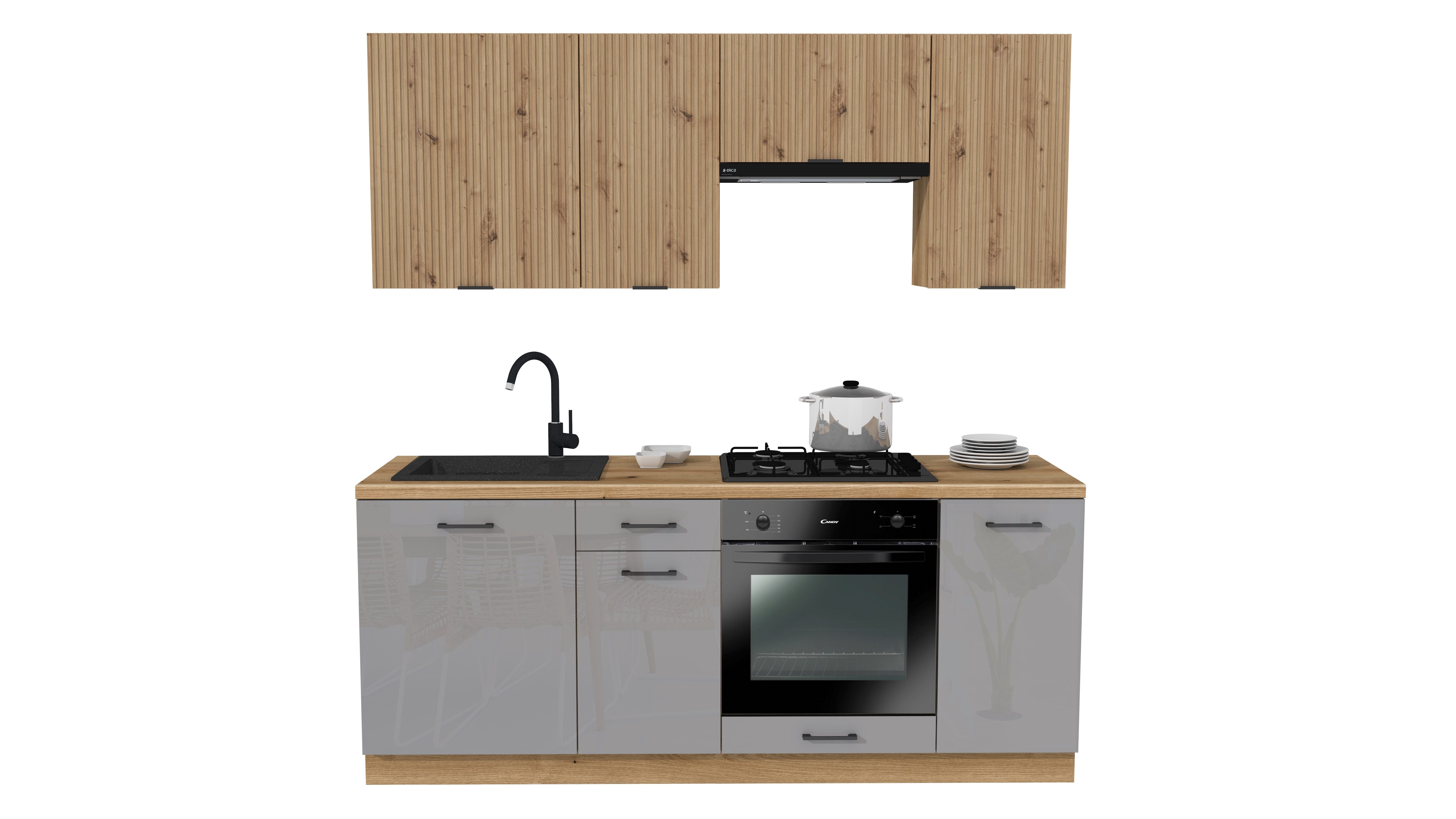 ROYAL24_MARKT Küchenzeile - SIMPLY Z14 200 cm - Grau Hochglanz / Eiche Rille / Eiche, (Komplett Set), Top Stoffe - Exklusiv - Hochwertig