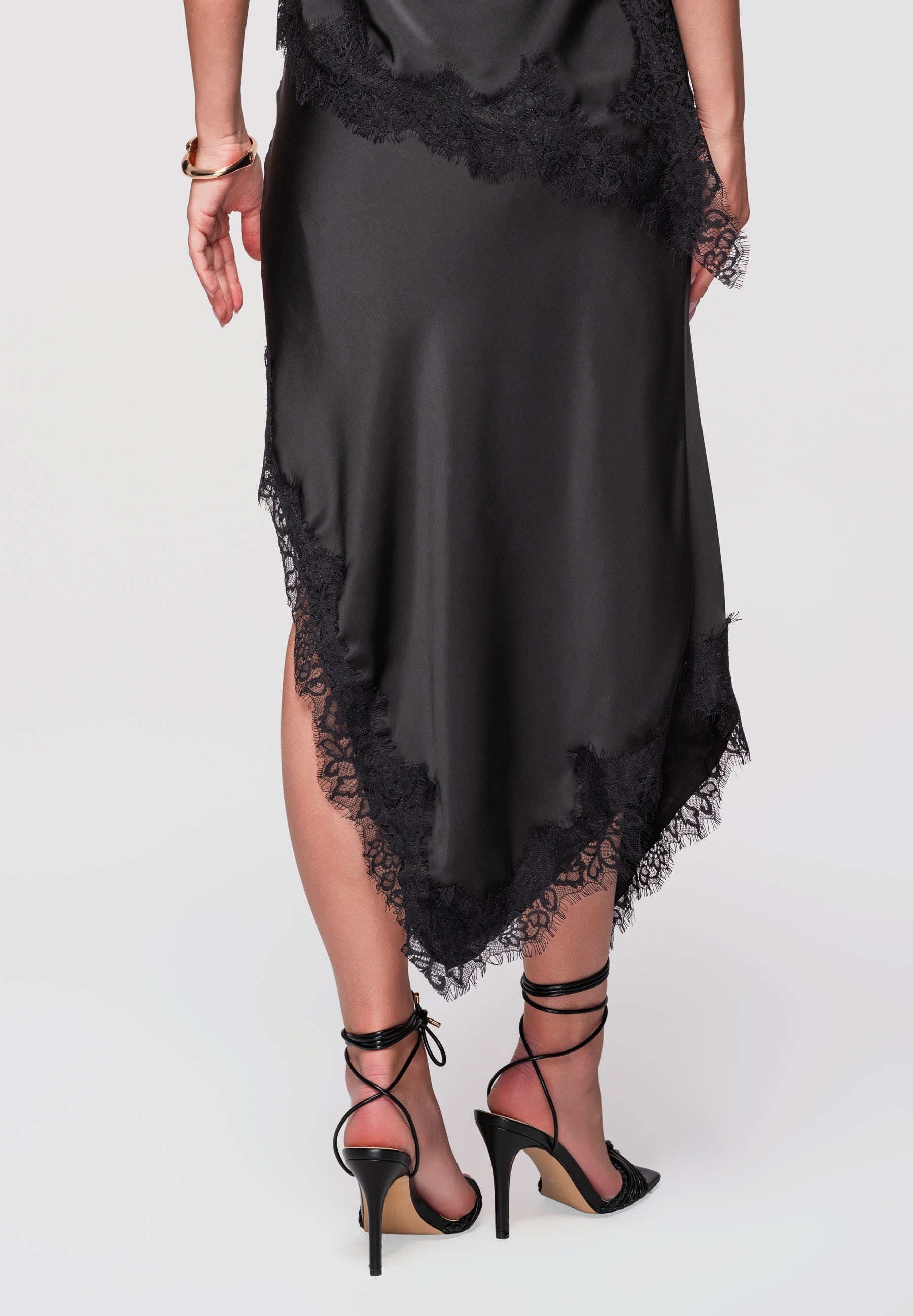 OMBRE Midirock Midi Rock Asymmetrisch Spitze Cocktail Schwarz S (kein Set, 1-tlg) Asymmetrischer Saum, Spitze