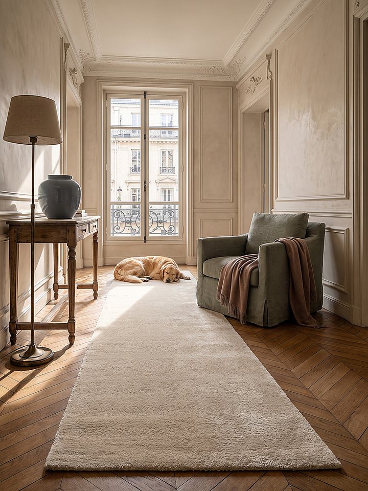 KADIMA DESIGN Teppich ALDAN Teppichläufer Beige 60x110 Uni Polyester Antirutsch Wohnzimmer, Läufer, Höhe: 18 mm, Trittschalldämmend, Strapazierfähig, Pflegeleicht, Farbecht