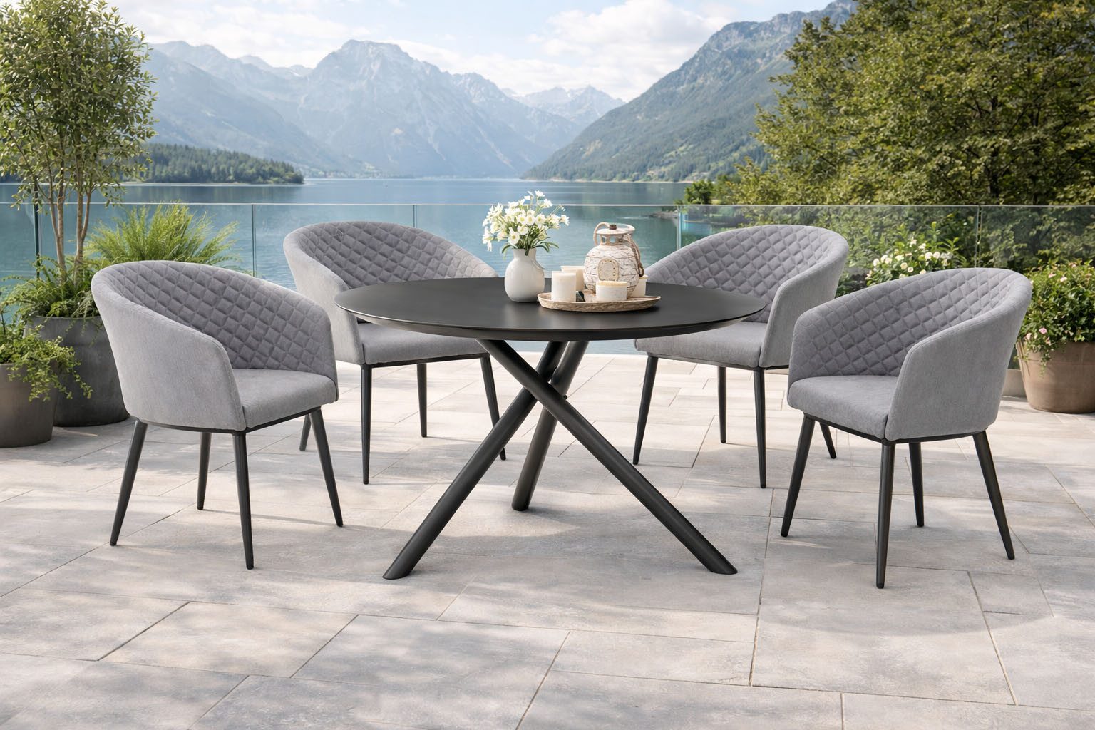 Destiny Garten-Essgruppe MODENA BARLETTA 4 Se + Tisch Ø110 cm, grau/ anthrazit, (Set, 5-tlg., 4 Sessel, 1 Tisch), Aluminium, Olefin, HPL