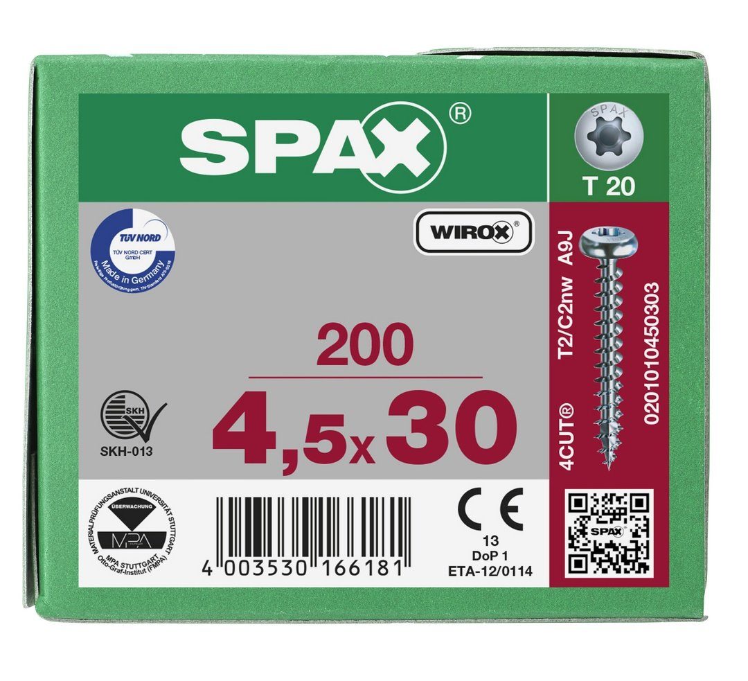 SPAX Spanplattenschraube Universalschraube, (Stahl weiß 4,5x30 200 verzinkt, St), mm