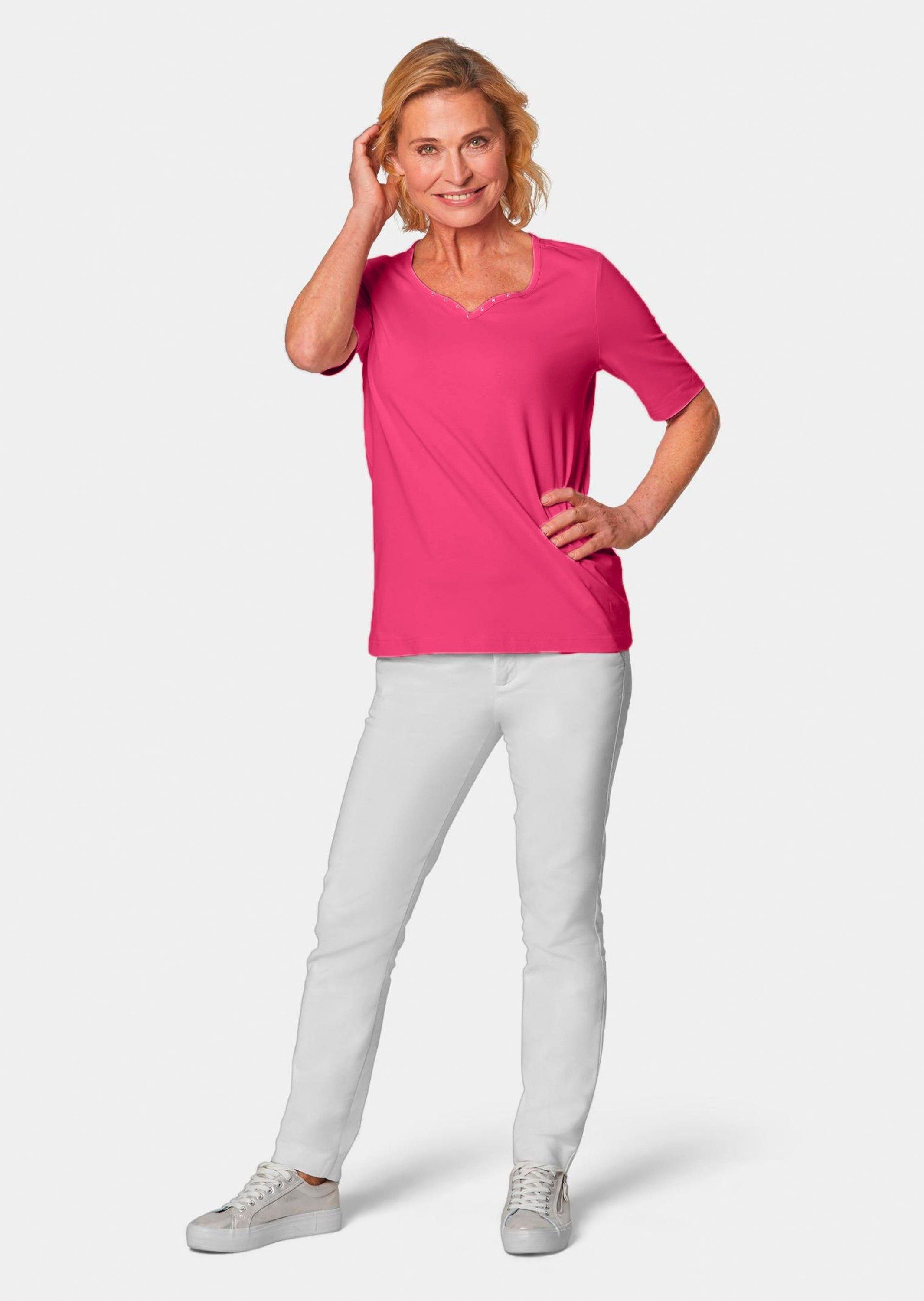 GOLDNER T-Shirt Kurzgröße: Halbarm Basic-Shirt aus Baumwolle Herzausschnitt mit funkelnden Details, bequeme Passform