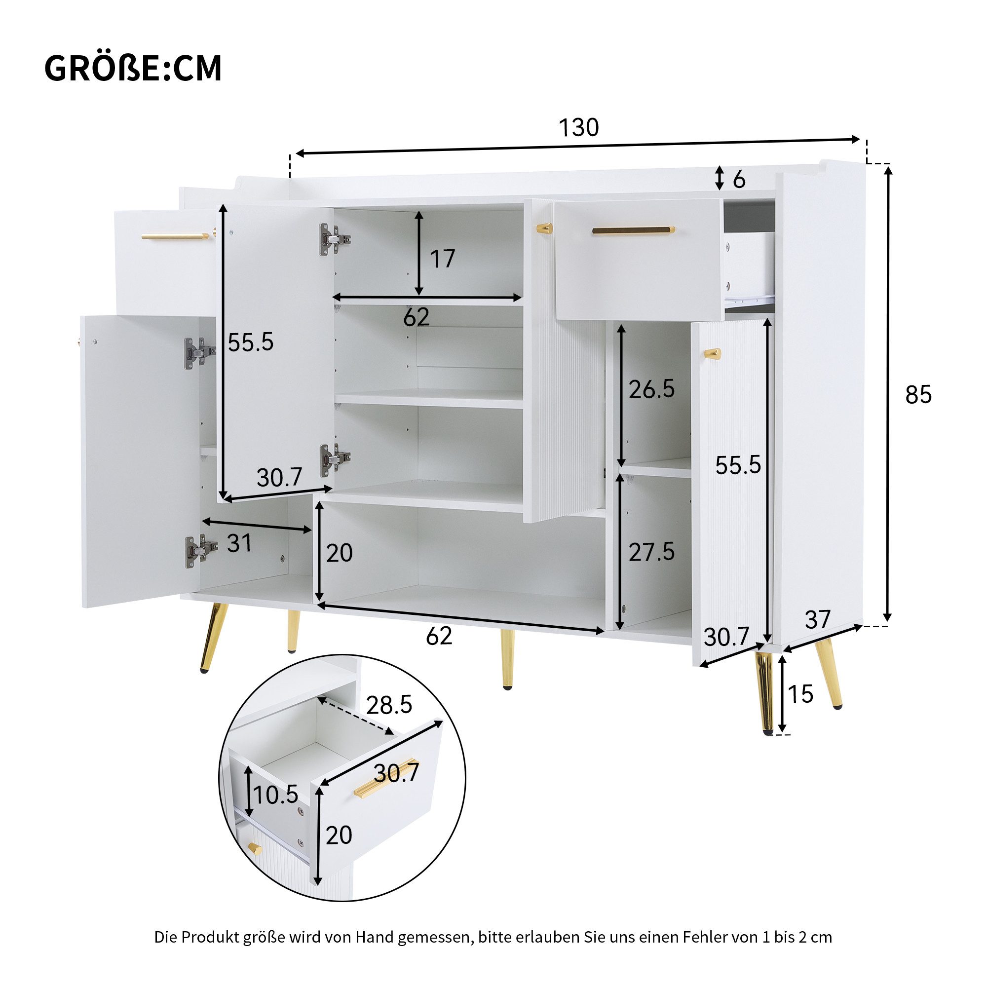 Flieks Schuhschrank Schuhkommode mit 2 Schubladen und 4 Türen (1-St., B130/W37/H100 cm) Schuhregal mit vertellbare Einlegeböden und 8 Fächern, Metallbeine – Bild 4 von 5