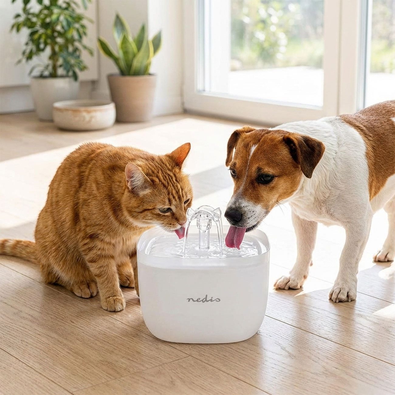 Nedis Trinkbrunnen Trinkbrunnen für Katzen & Hunde 2L, LED Wasserautomat ultra-leise, 2L Katzenbrunnen mit 360° Wasserfall, 4-fach Filter & LED-Licht