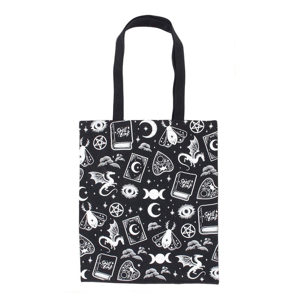 Something Different Schultertasche Witchy Icons Stofftasche – Gothic Tote Bag Schwarz/Weiß Spellbound