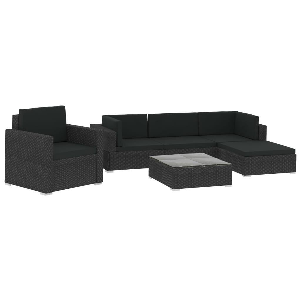 vidaXL Gartenlounge-Set 6-tlg. Garten-Lounge-Set mit Auflagen Poly Rattan Schwarz, (6-tlg)